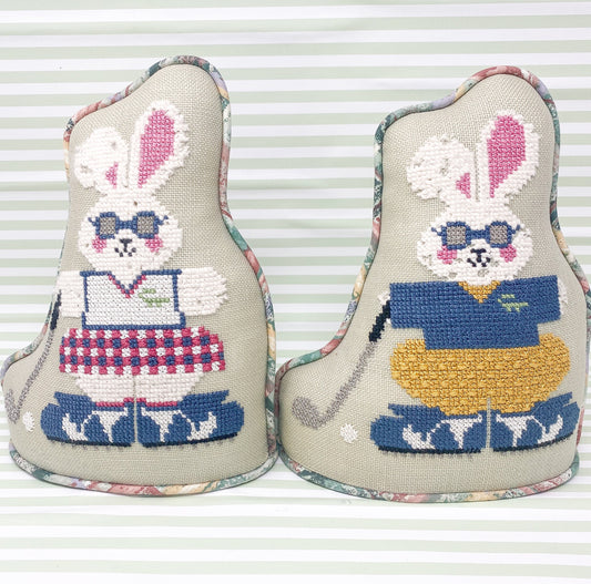 Pair of Bunny Golfer Standing Needlepoint Pillows