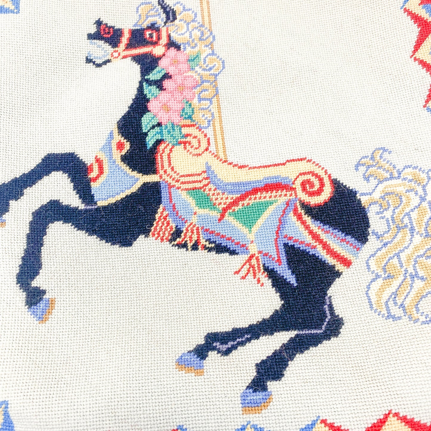 Handmade Vintage Needlepoint Pillow Cover *AS IS* - Carousel Horse