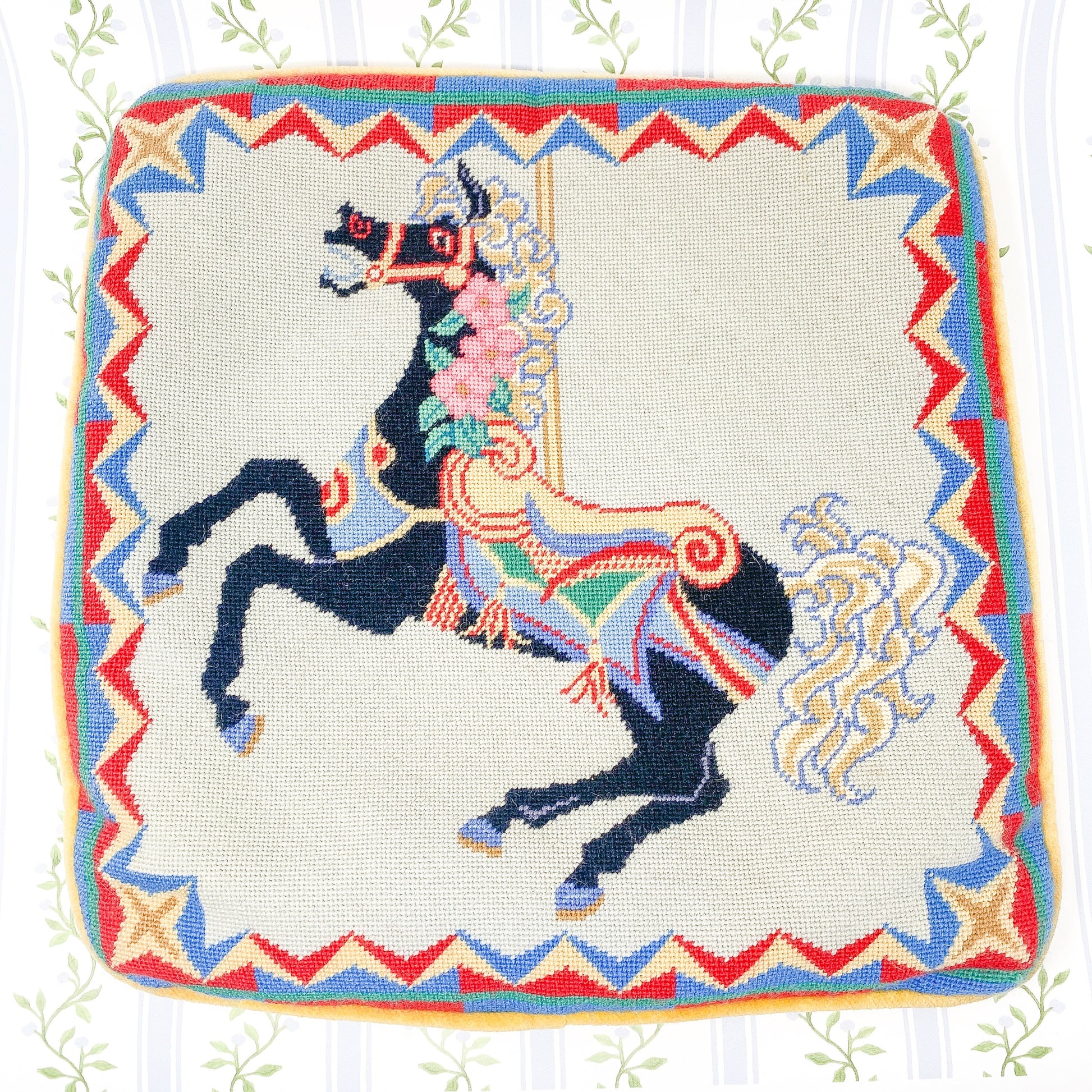 Handmade Vintage Needlepoint Pillow Cover *AS IS* - Carousel Horse