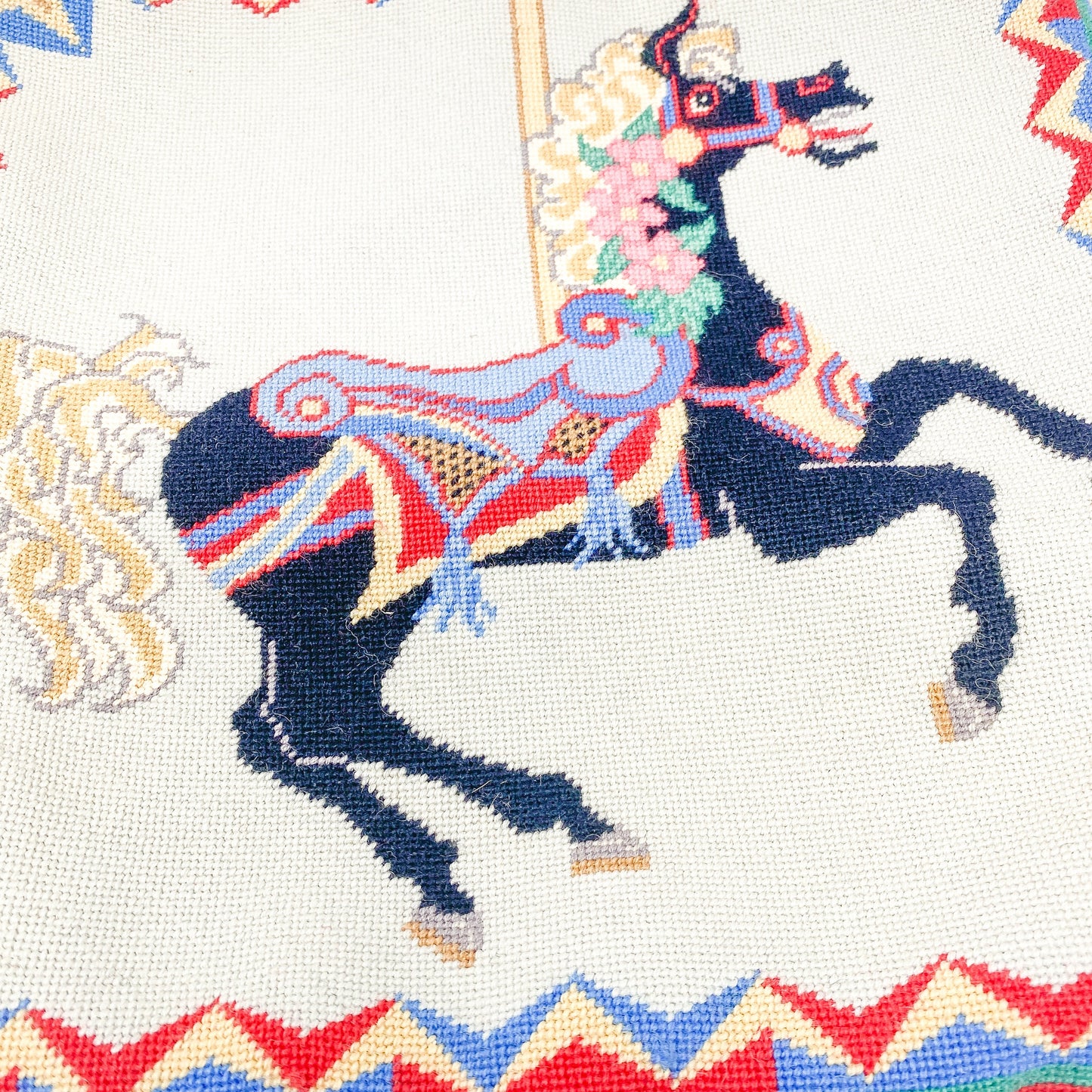 Handmade Vintage Needlepoint Pillow Cover *AS IS* - Carousel Horse