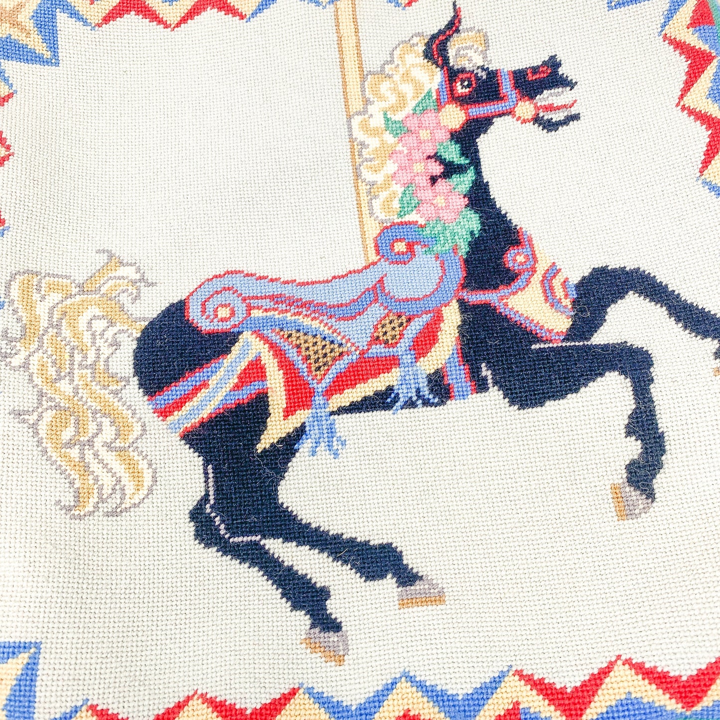 Handmade Vintage Needlepoint Pillow Cover *AS IS* - Carousel Horse