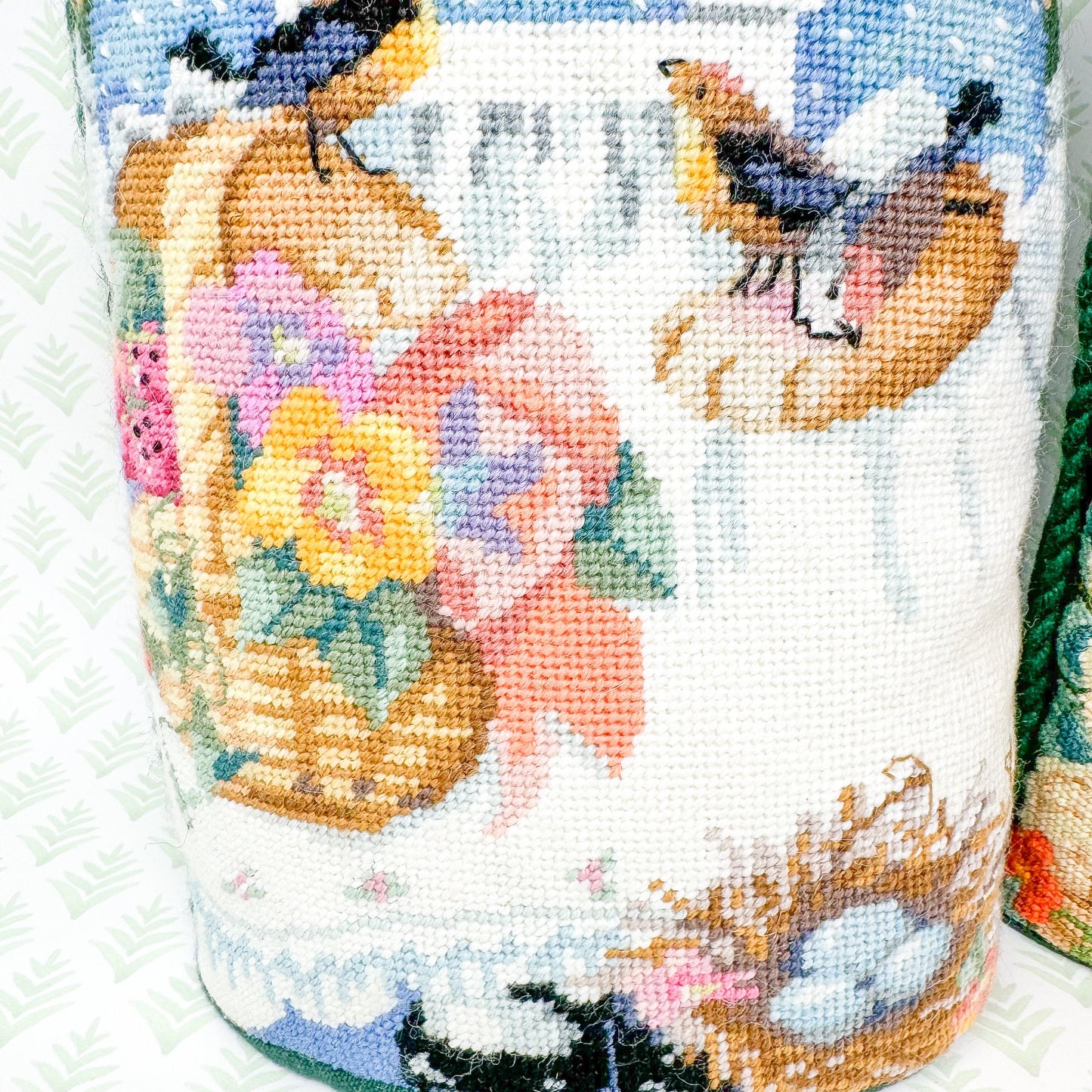 Pair of 15" Handmade Bucilla Needlepoint Farmer Bunny Rabbit Standing Pillows