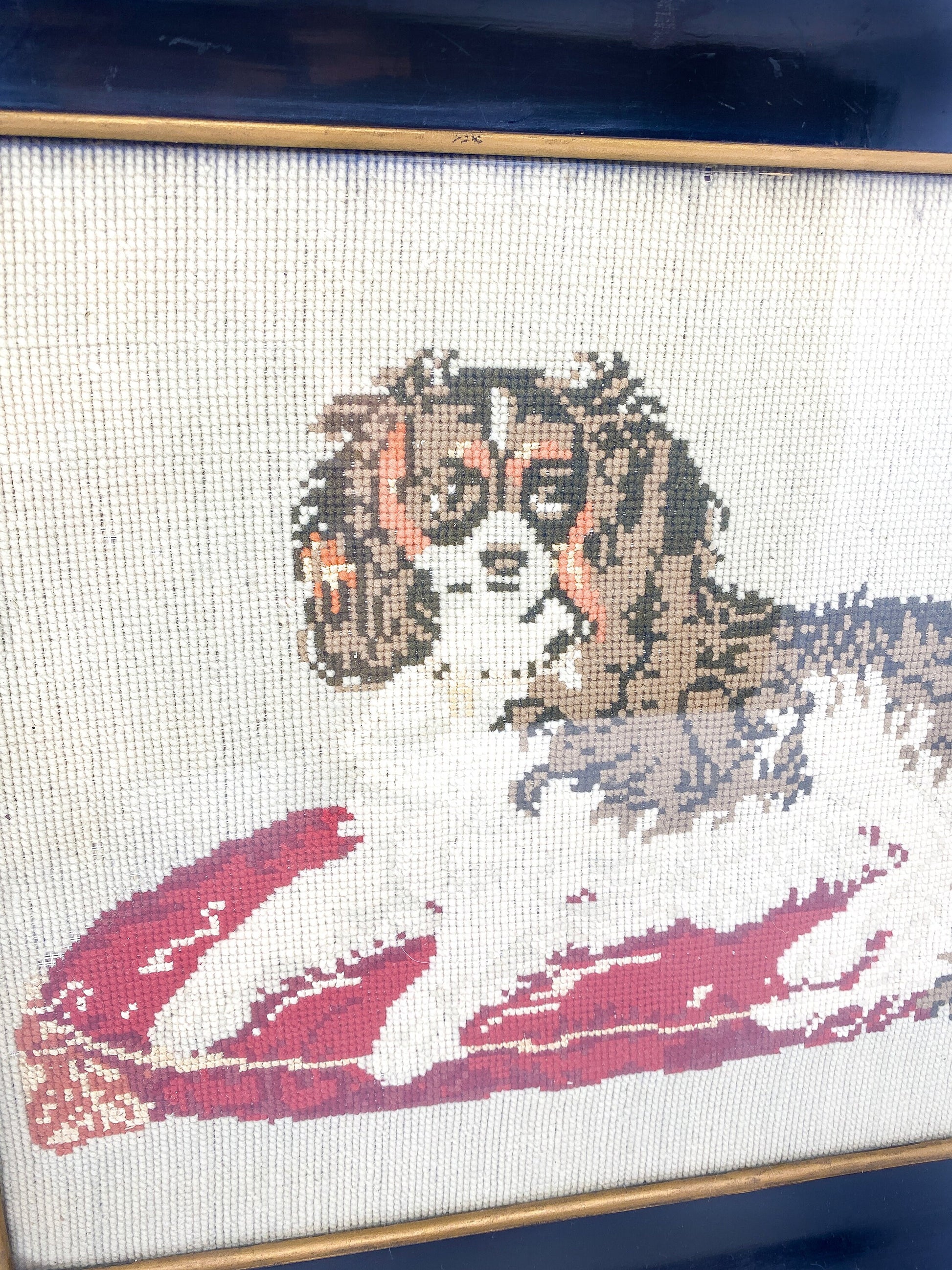 Antique Framed King Charles Cavalier Spaniel Needlepoint Tapestry Panel