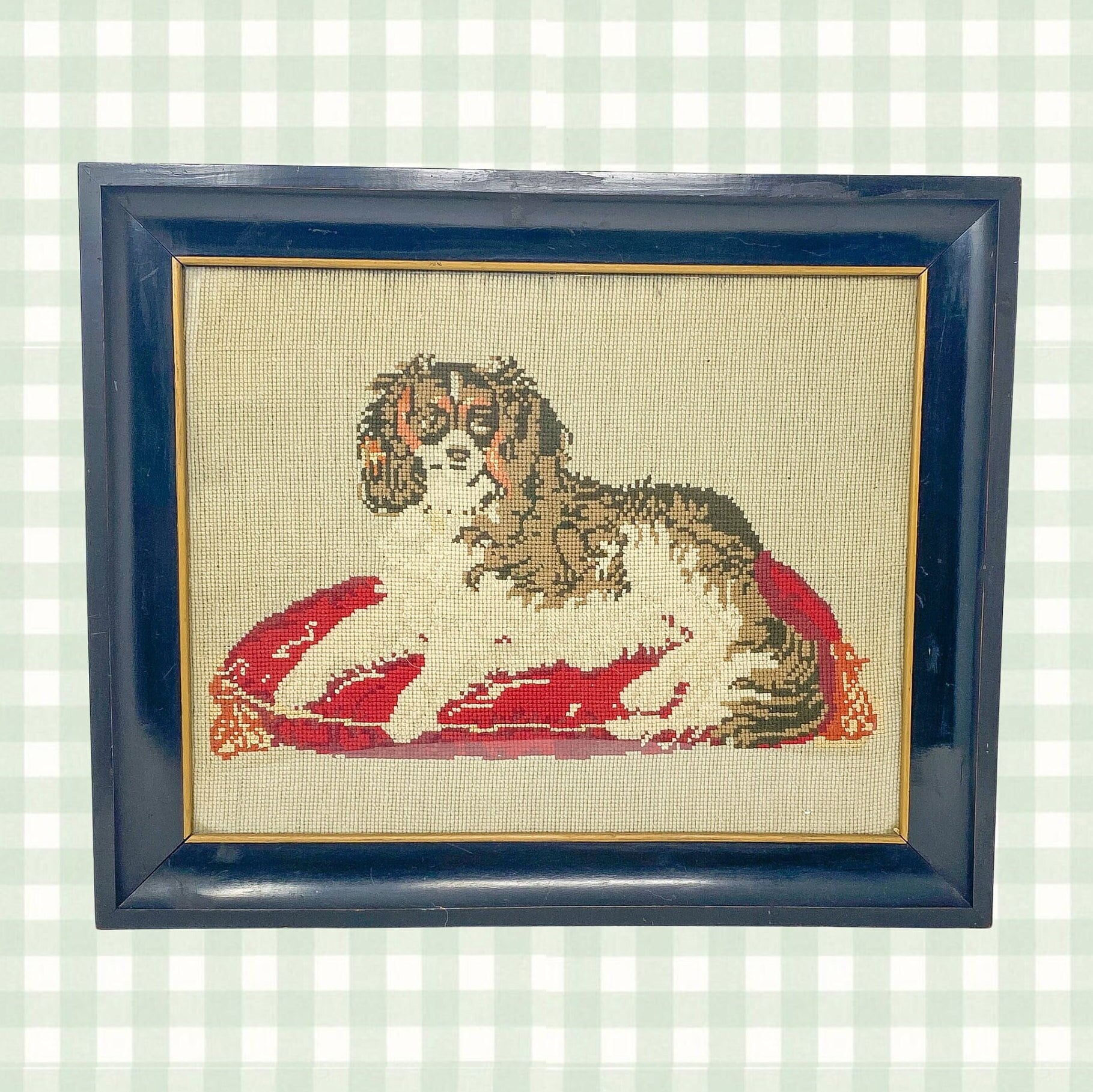 Antique Framed King Charles Cavalier Spaniel Needlepoint Tapestry Panel