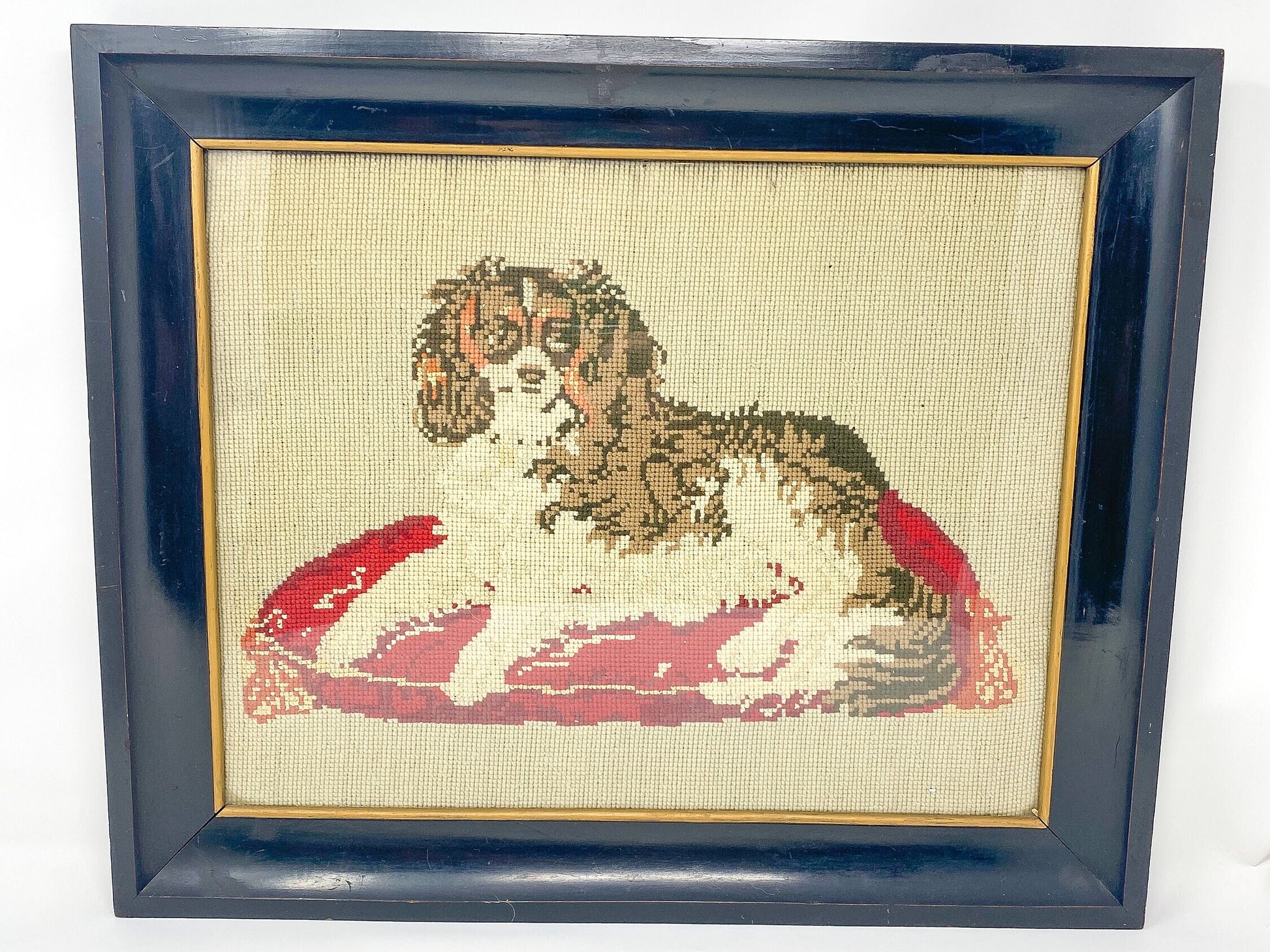 Antique Framed King Charles Cavalier Spaniel Needlepoint Tapestry Panel