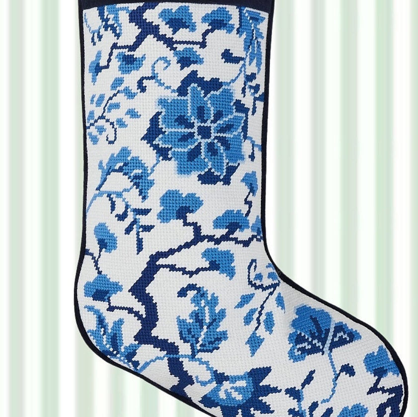 Blue Floral Chinoiserie Needlepoint Stocking