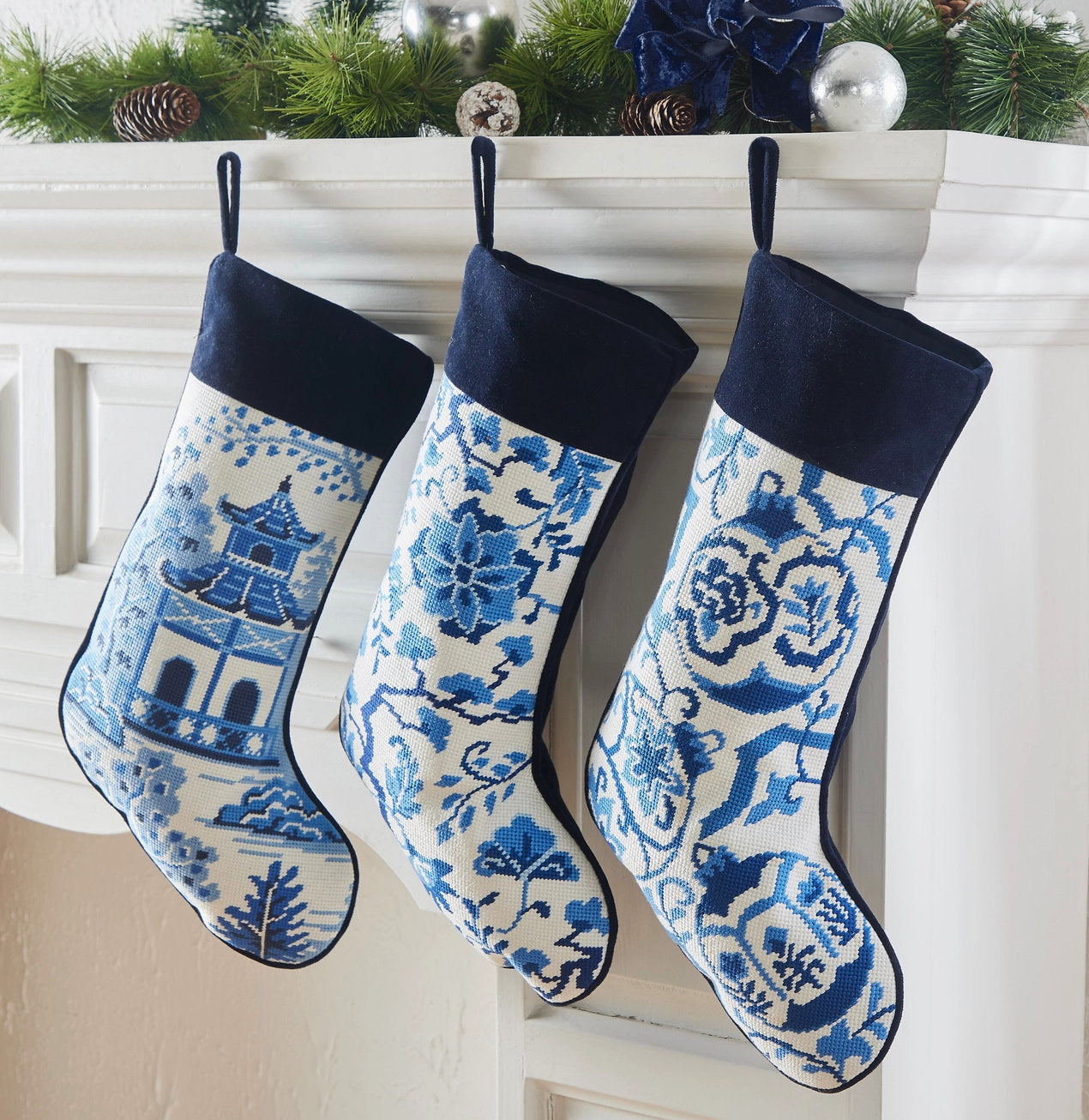 Blue Floral Chinoiserie Needlepoint Stocking