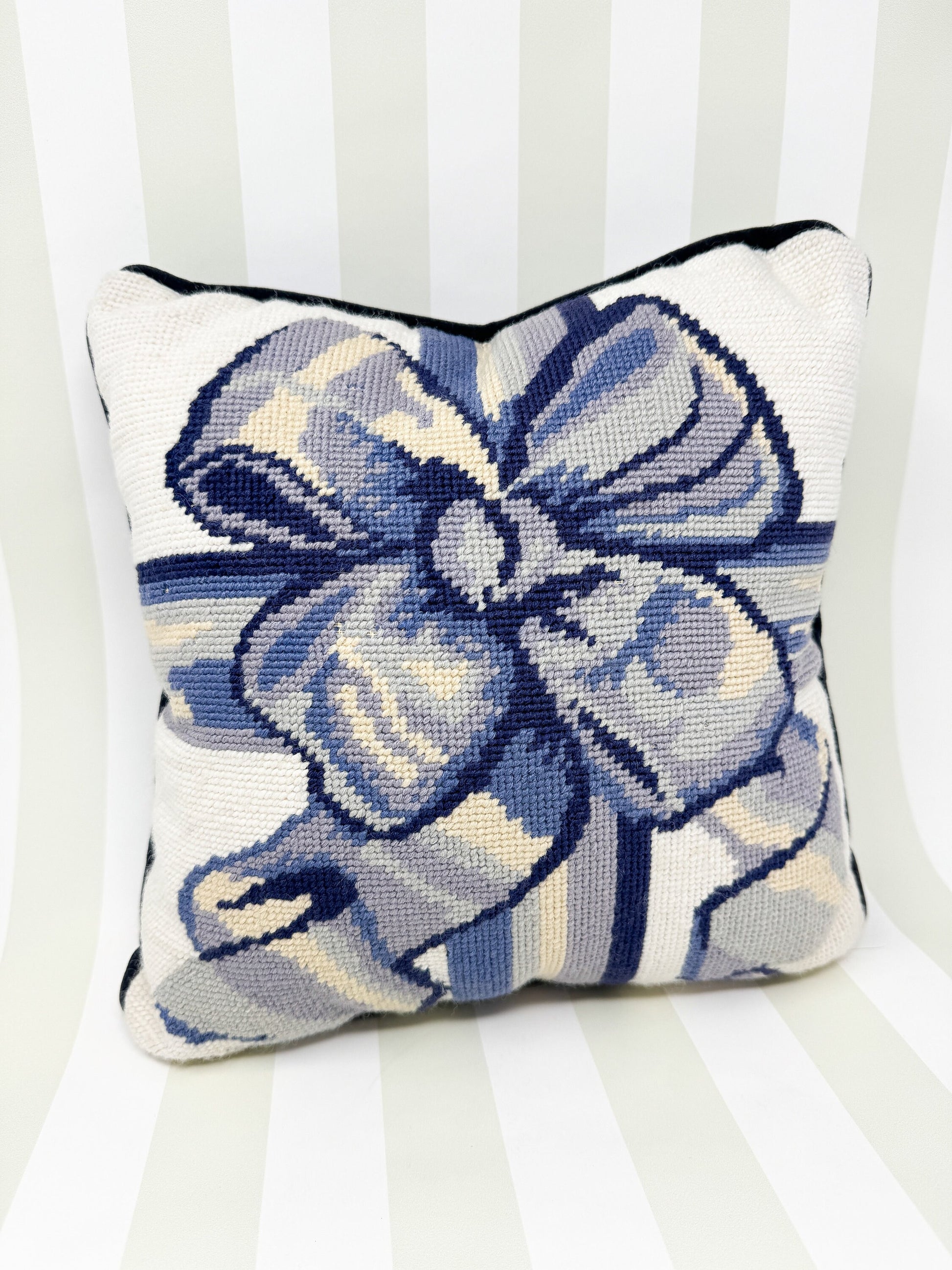 Vintage Blue Ribbon Bow Needlepoint Pillow