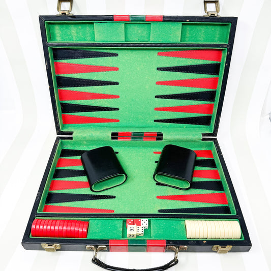 Vintage Backgammon Set - Black Leather Case with Red and Green Stripe
