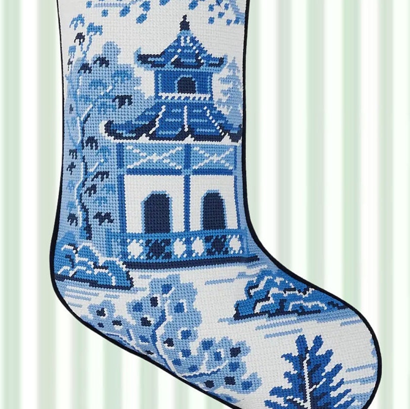 Blue Pagoda Chinoiserie Needlepoint Stocking