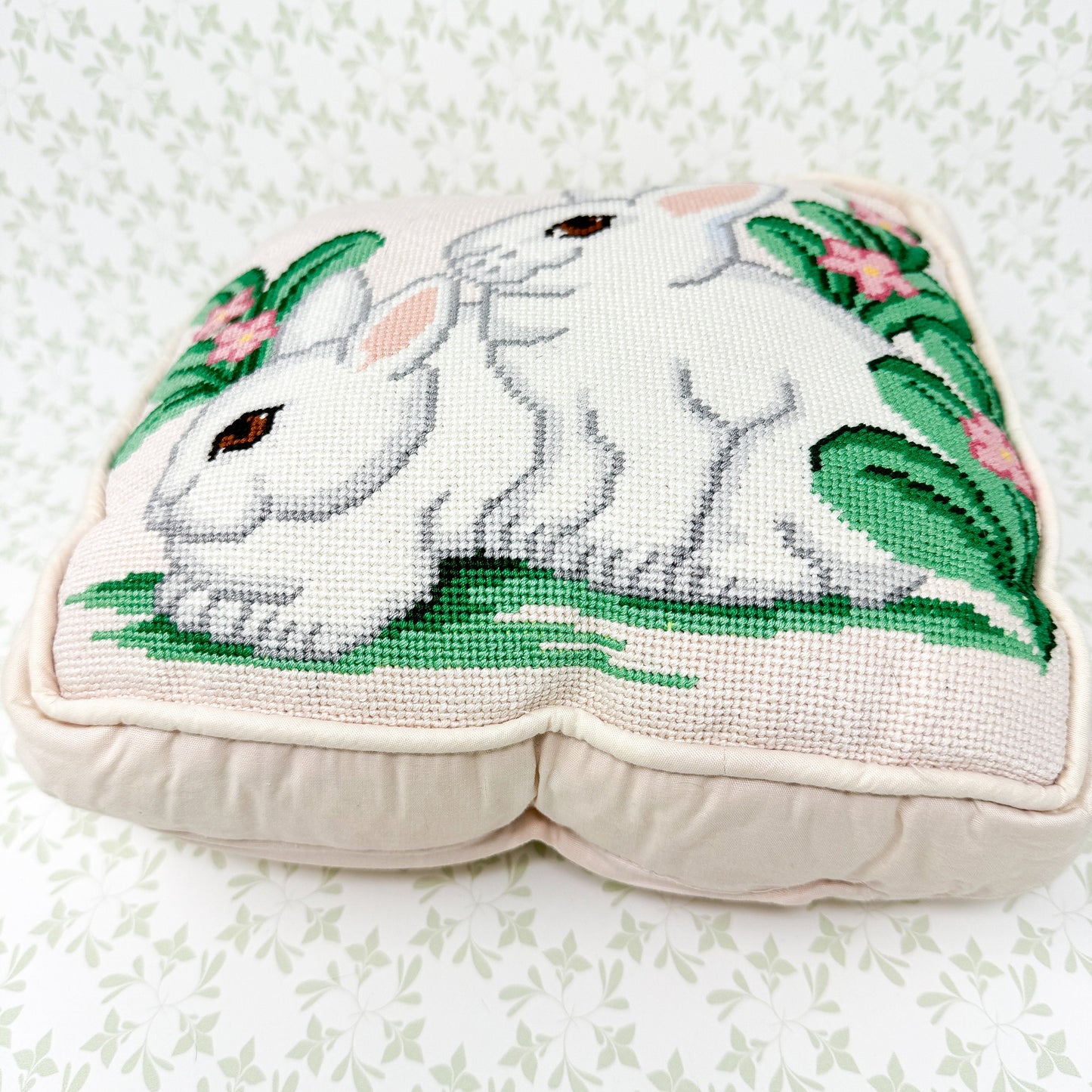 Vintage Handmade White Rabbit Needlepoint Pillow