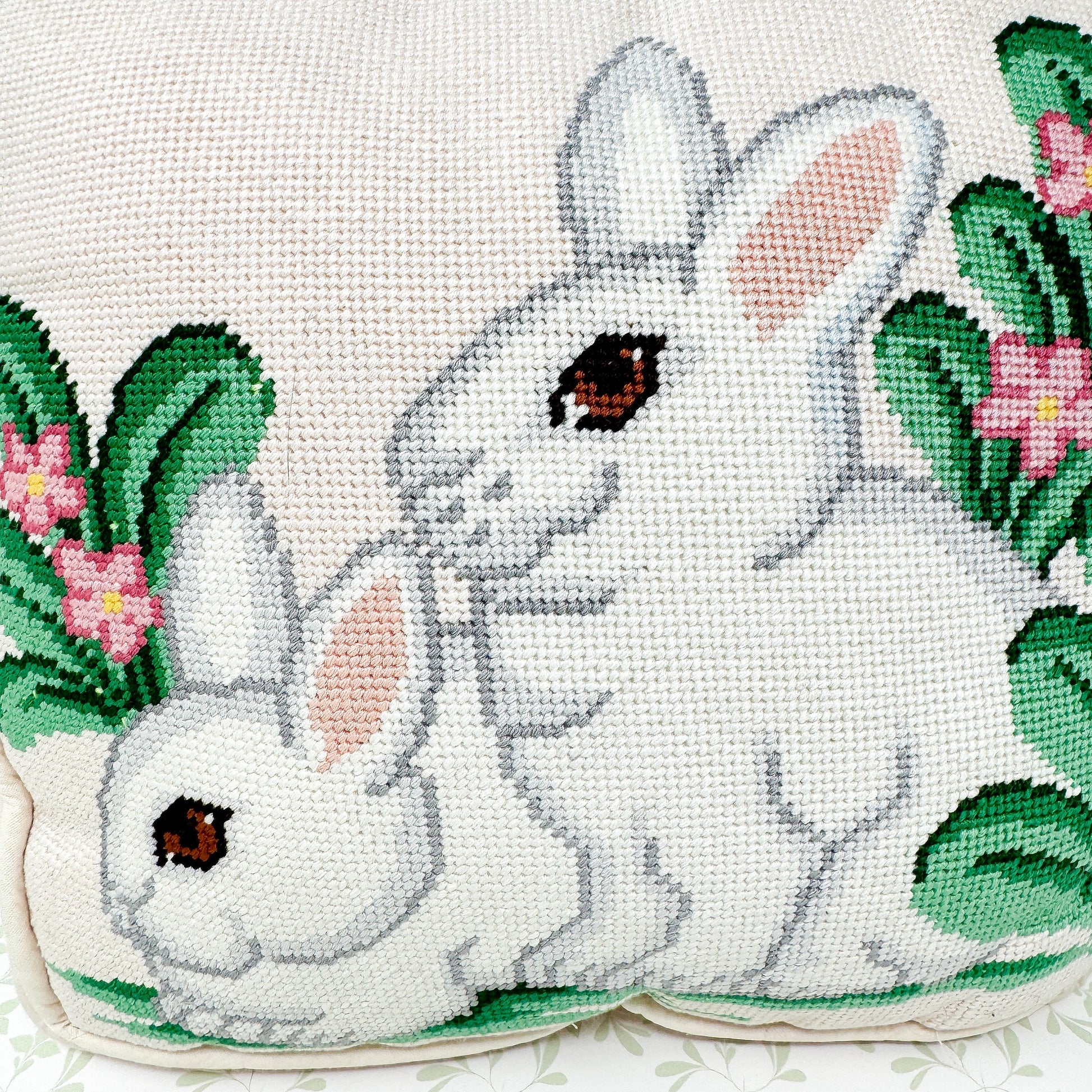 Vintage Handmade White Rabbit Needlepoint Pillow