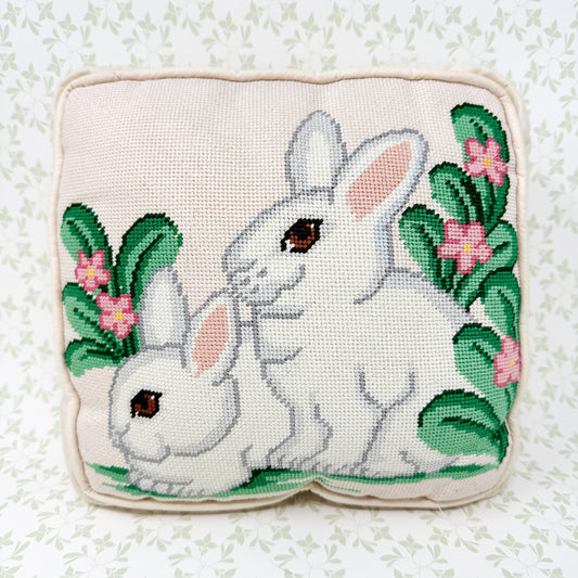 Vintage Handmade White Rabbit Needlepoint Pillow