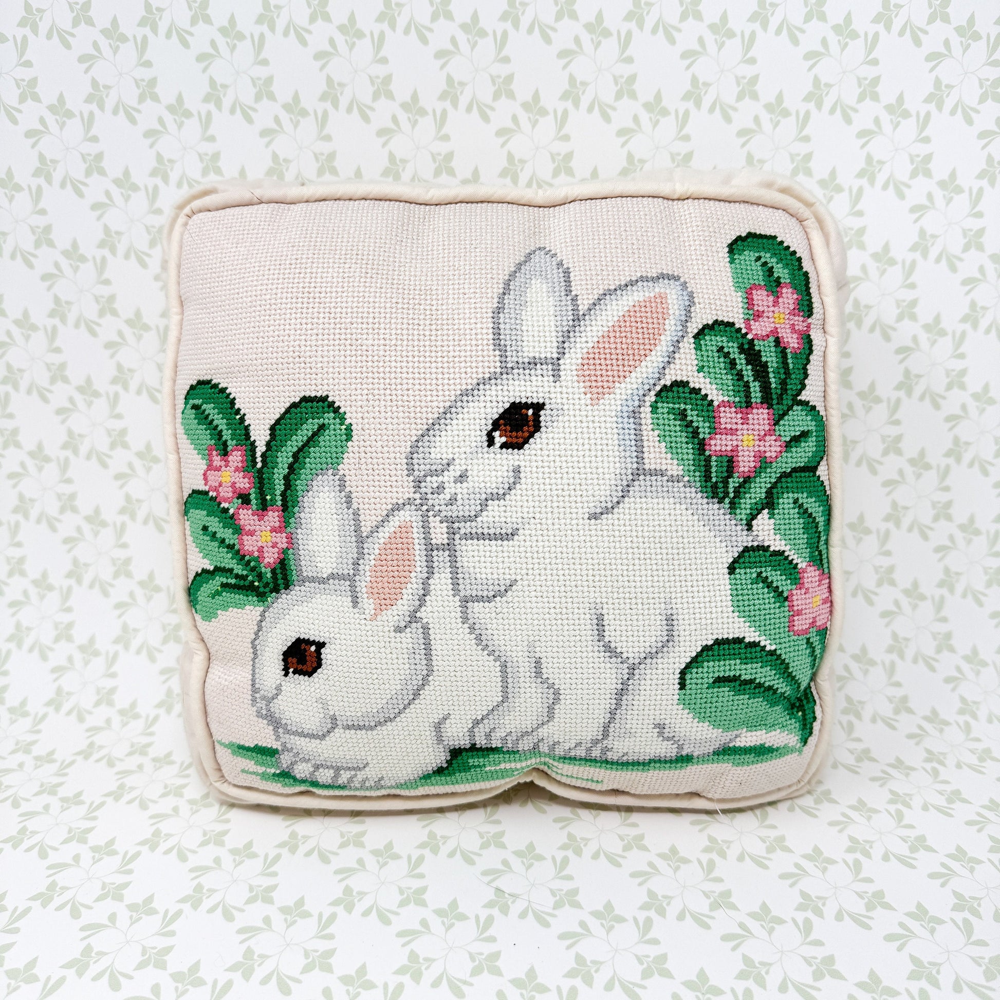 Vintage Handmade White Rabbit Needlepoint Pillow