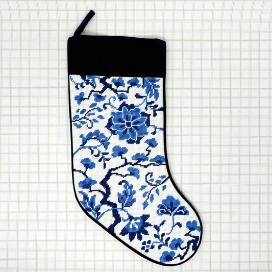 Blue Floral Chinoiserie Needlepoint Stocking