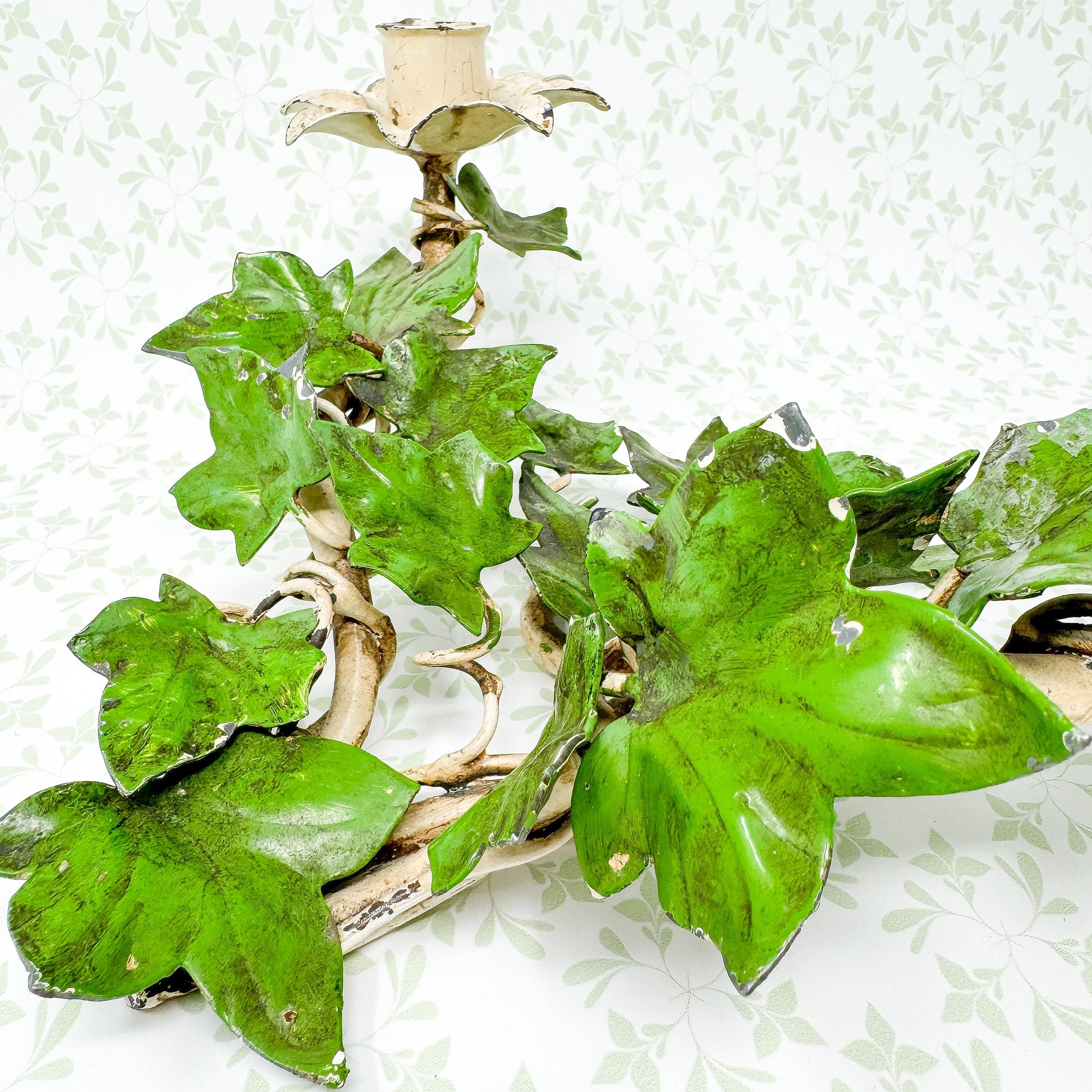 Vintage Italian Chippy Tole Ivy Candlestick Holder