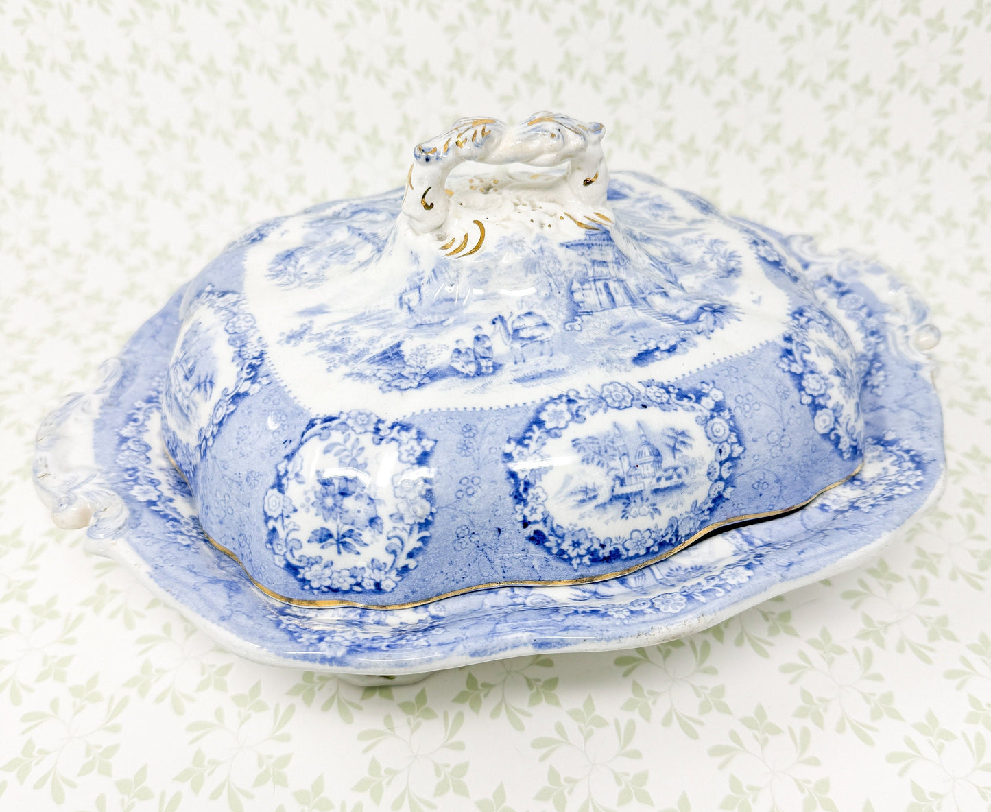 Antique Ridgway "Oriental" Transferware Lidded Footed Serving Platter