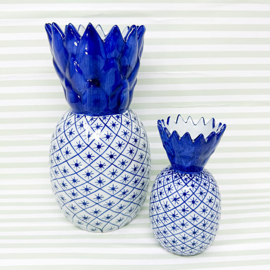 Blue and White Fishnet Ceramic Pineapple Vases
