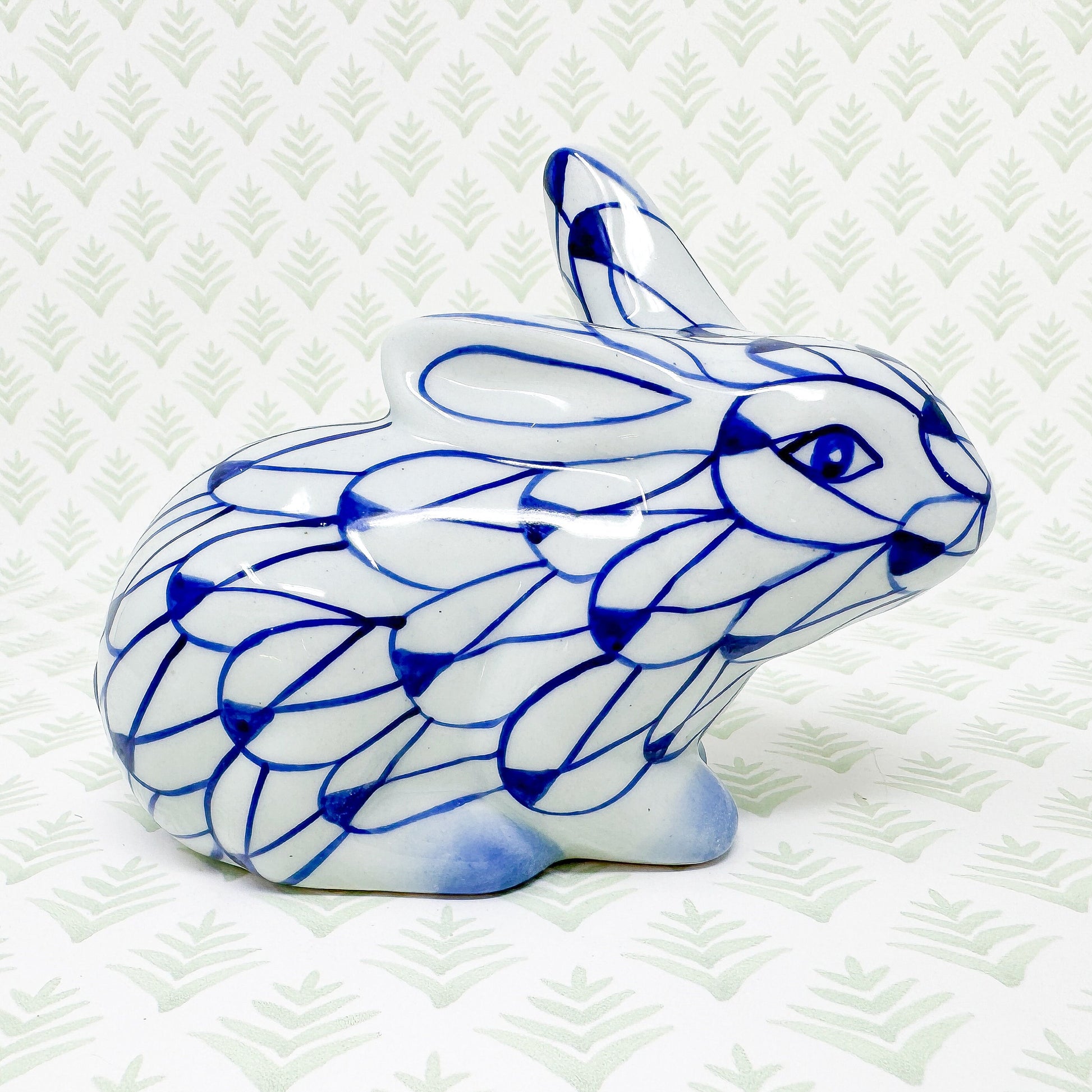 Blue and White Fishnet Bunny Rabbit Figurine