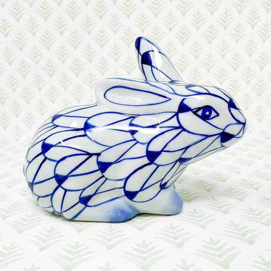 Blue and White Fishnet Bunny Rabbit Figurine