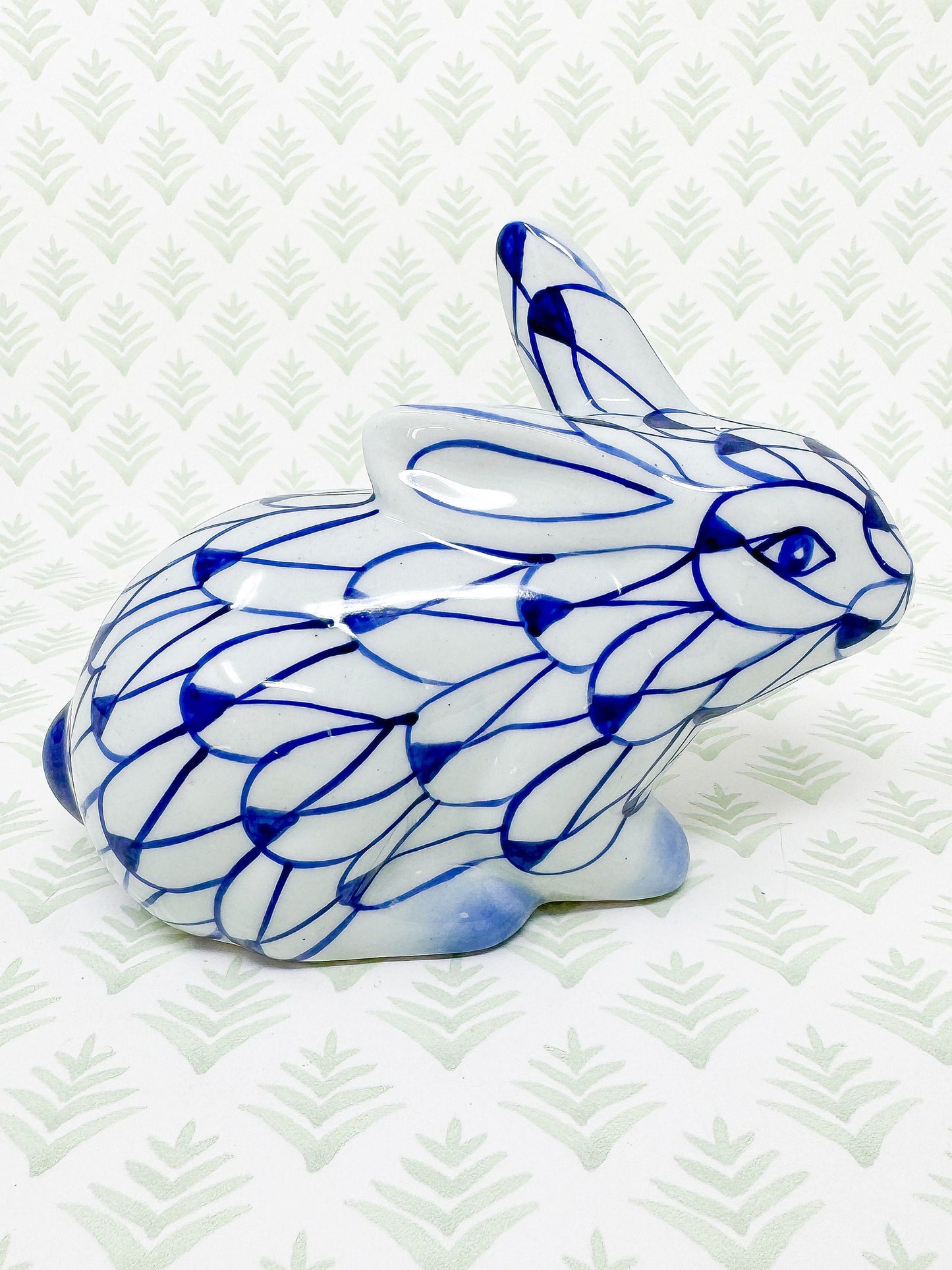 Blue and White Fishnet Bunny Rabbit Figurine