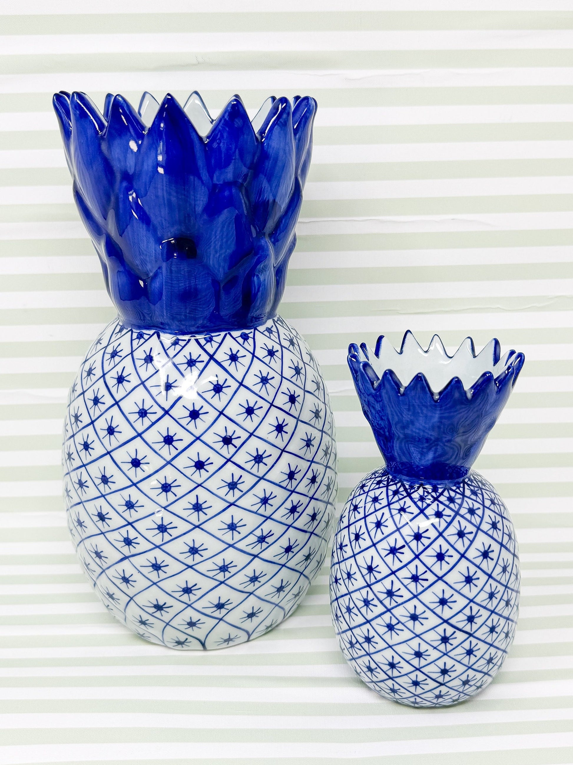 Blue and White Fishnet Ceramic Pineapple Vases