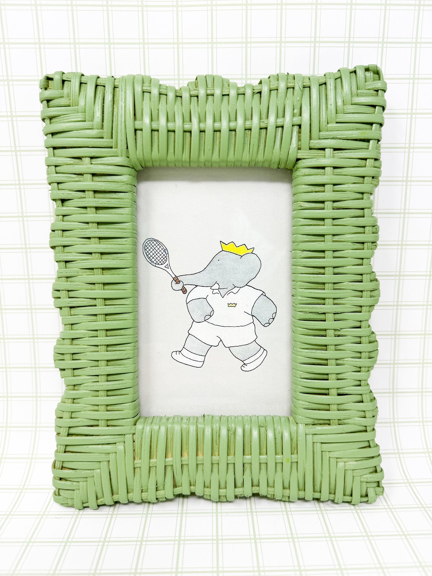 Vintage Babar the Elephant Tennis Print in Green Wicker Frame - 4x6"