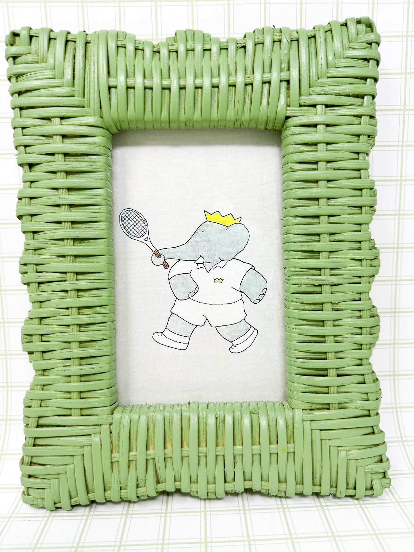 Vintage Babar the Elephant Tennis Print in Green Wicker Frame - 4x6"