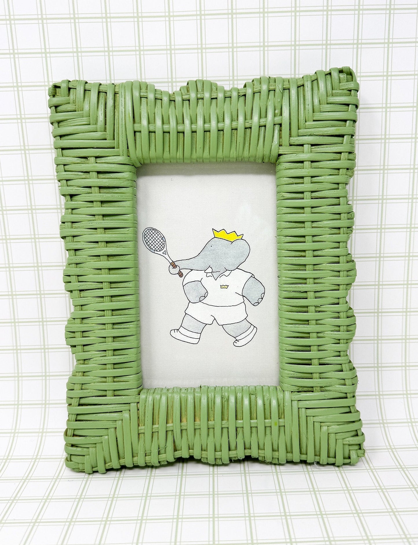 Vintage Babar the Elephant Tennis Print in Green Wicker Frame - 4x6"