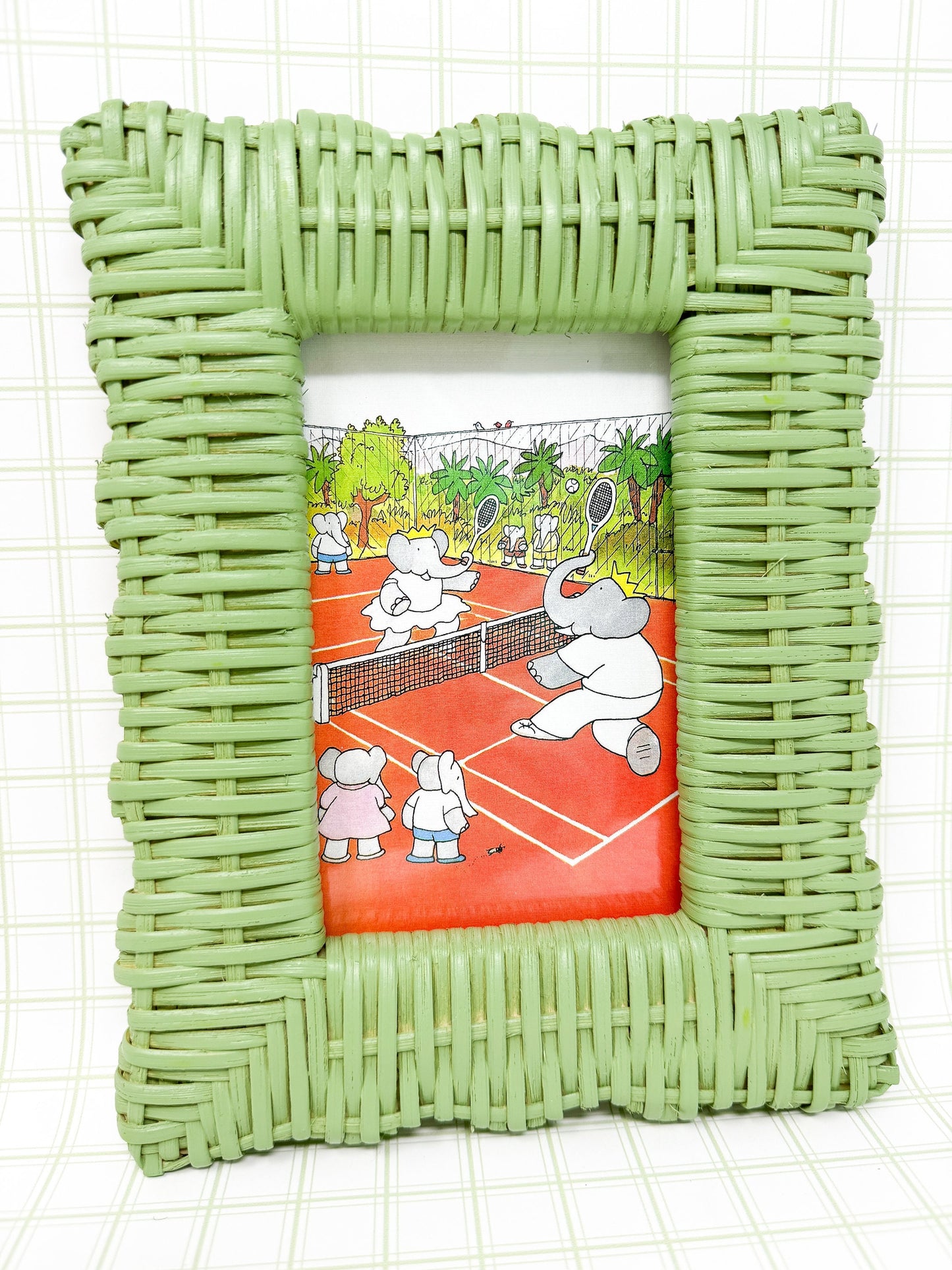 Vintage Babar the Elephant Tennis Print in Green Wicker Frame - 4x6"