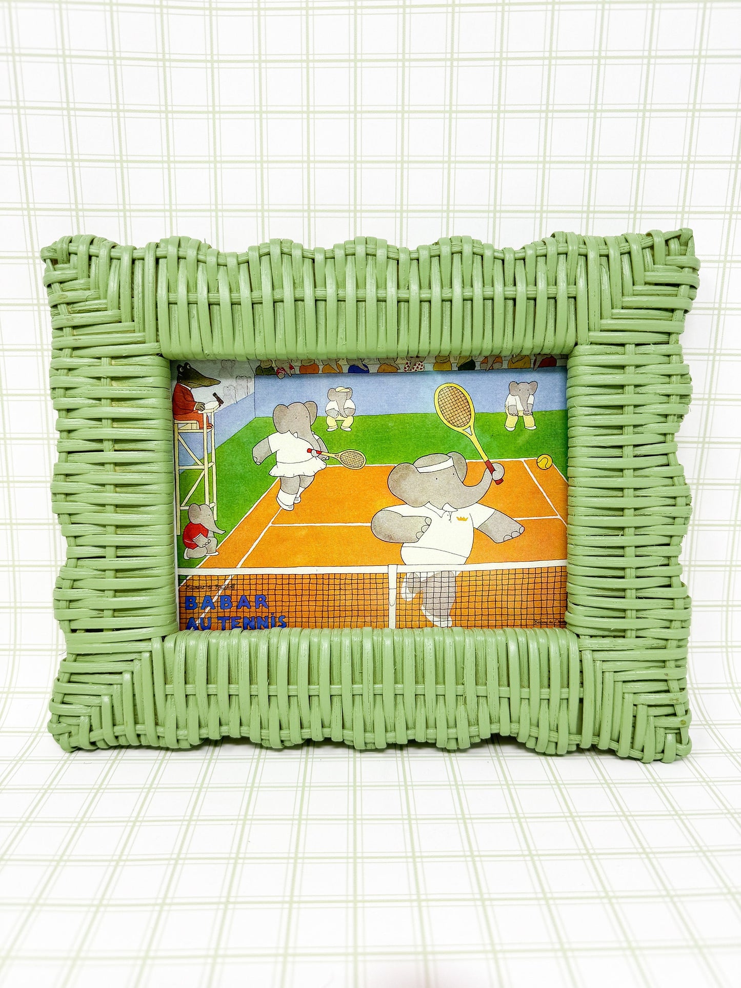 Vintage Babar the Elephant Tennis Print in Green Wicker Frame - 5x7"