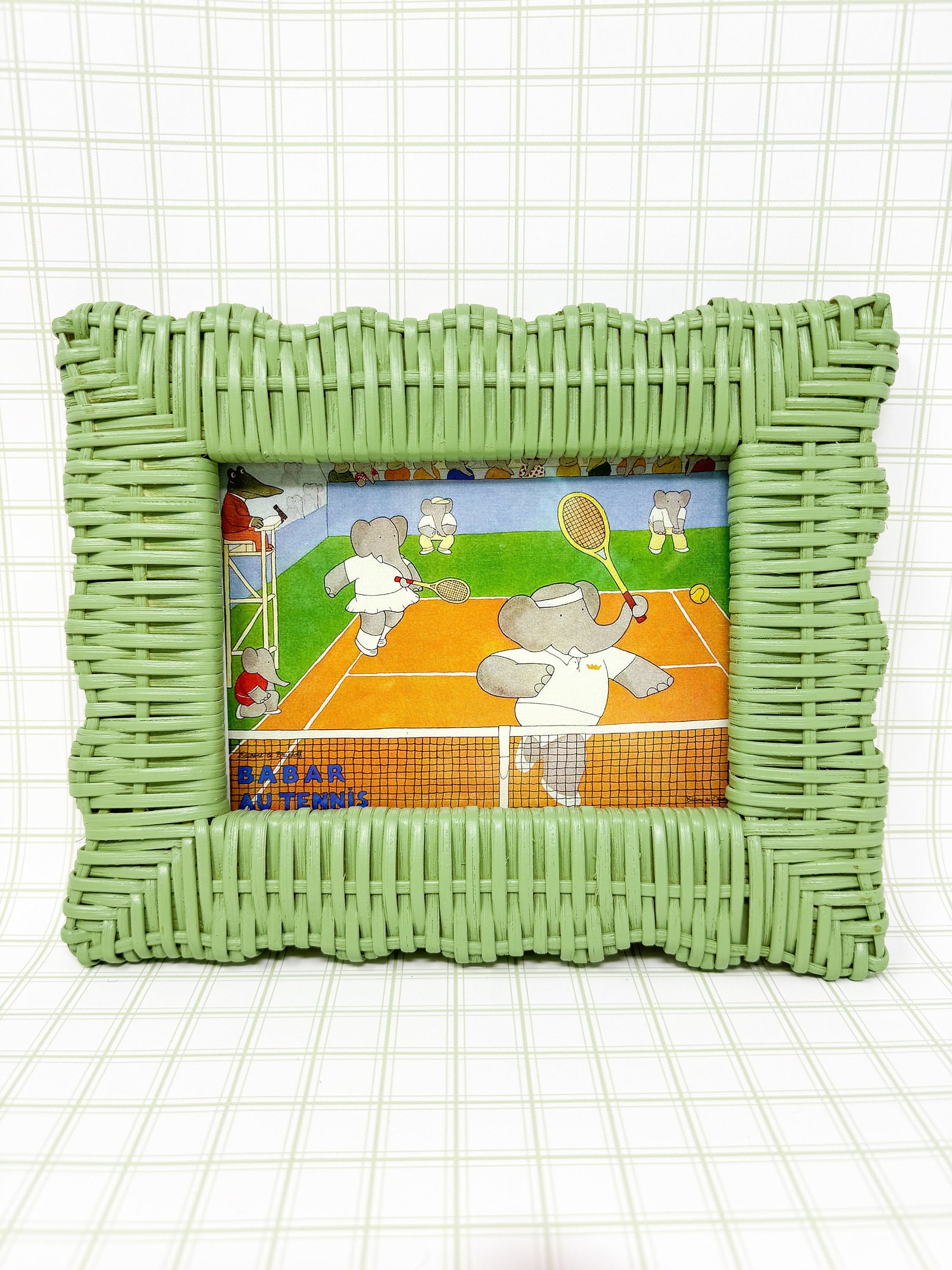 Vintage Babar the Elephant Tennis Print in Green Wicker Frame - 5x7"