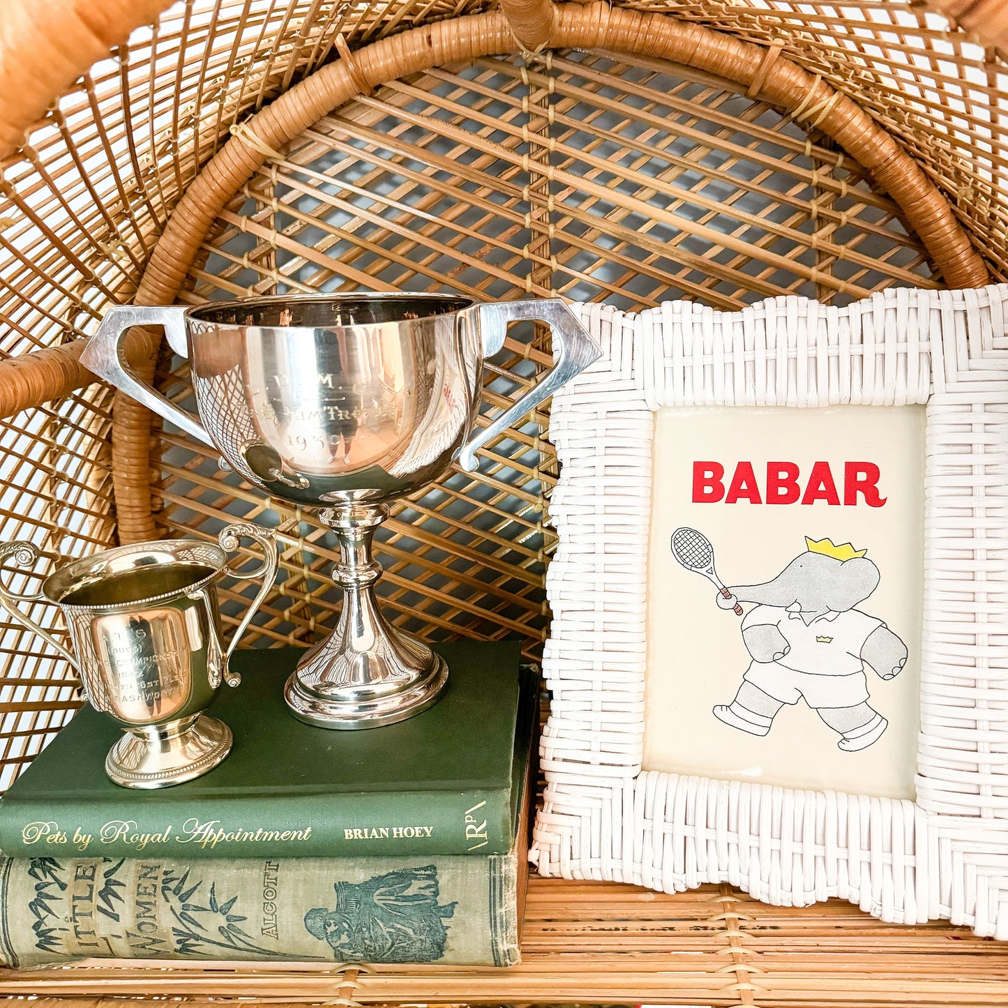 Vintage Babar the Elephant Tennis Print in White Wicker Frame - 5x7"