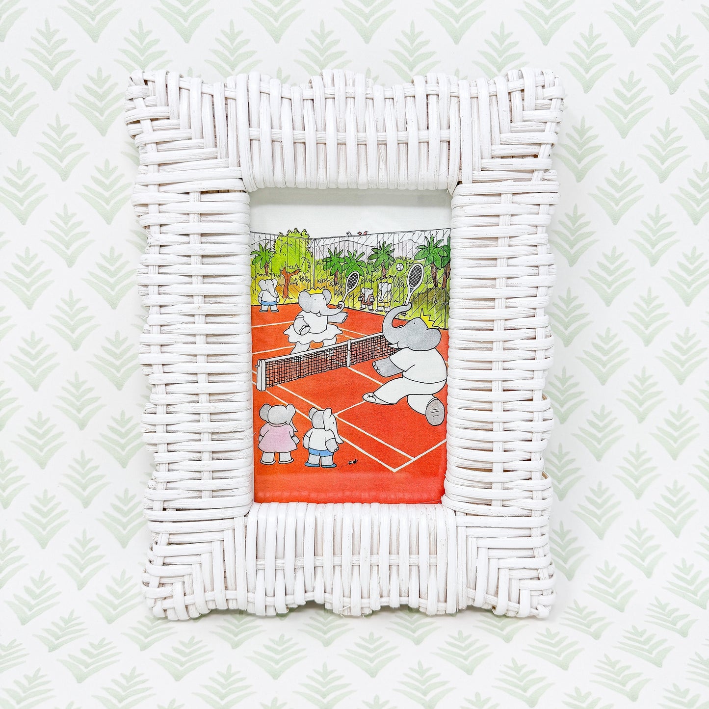 Vintage Babar the Elephant Tennis Print in White Wicker Frame - 4x6"