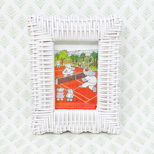 Vintage Babar the Elephant Tennis Print in White Wicker Frame - 4x6"