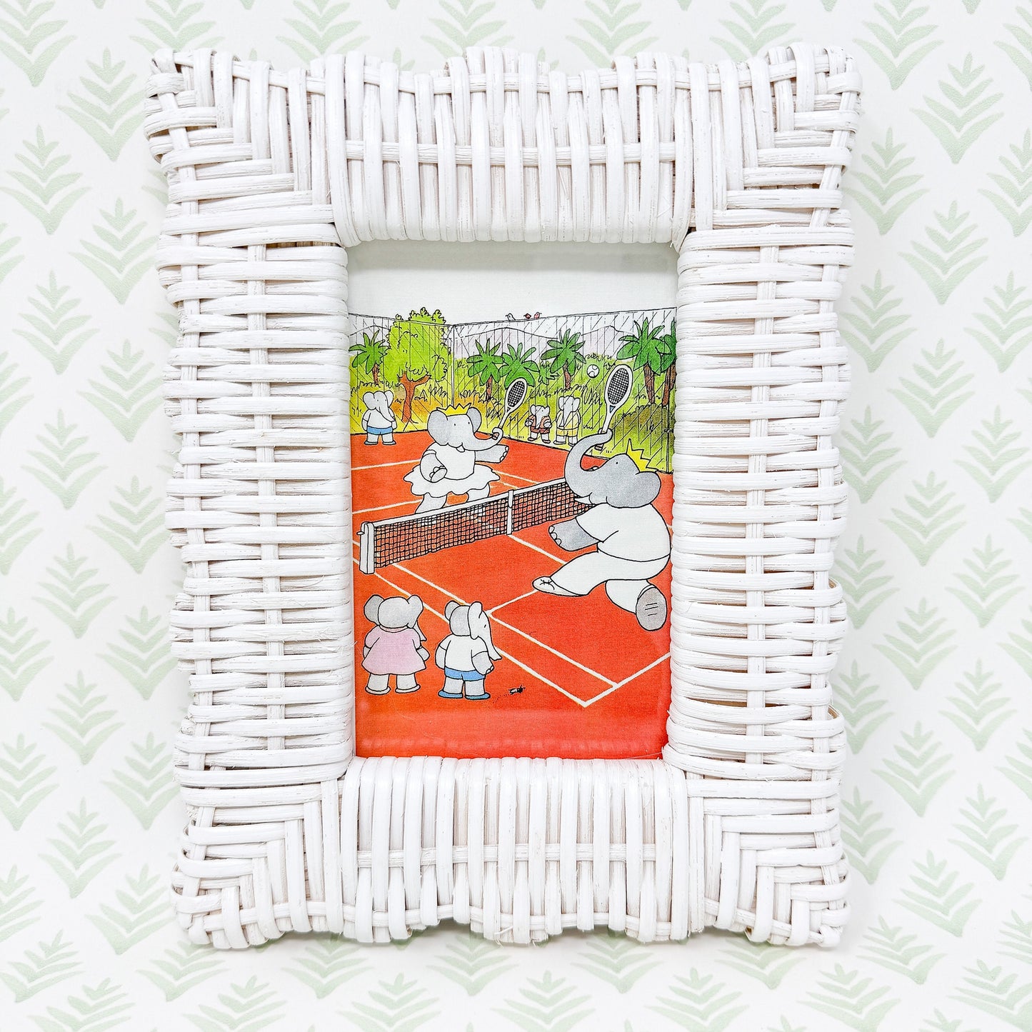 Vintage Babar the Elephant Tennis Print in White Wicker Frame - 4x6"