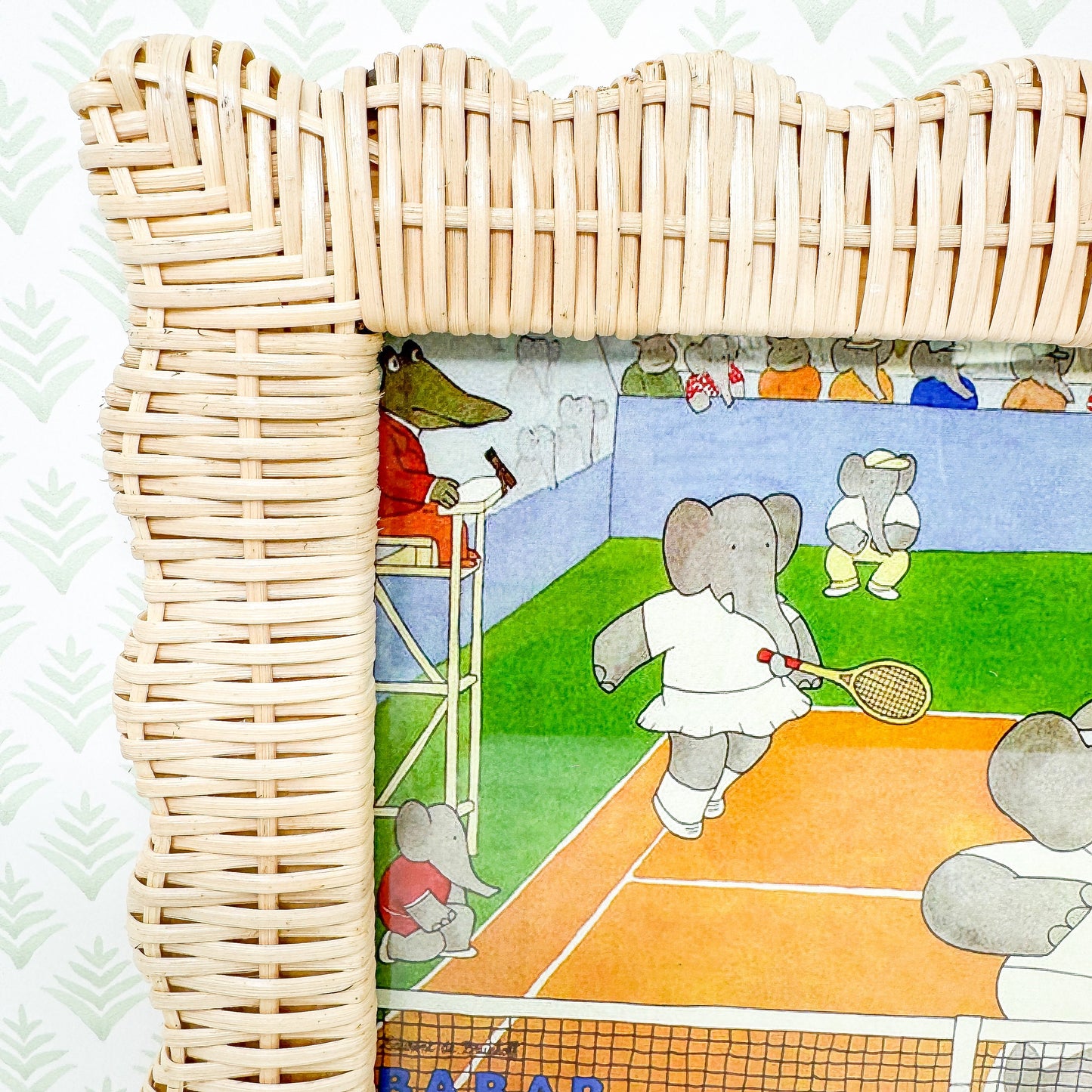 Vintage Babar the Elephant Tennis Print in Scalloped Wicker Frame - 8x10"