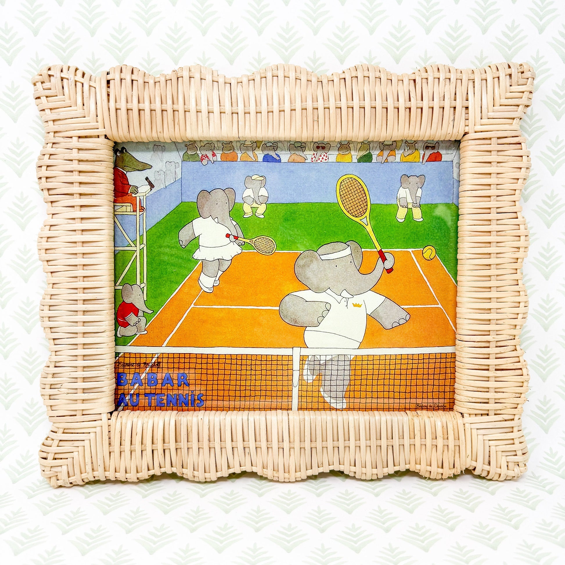 Vintage Babar the Elephant Tennis Print in Scalloped Wicker Frame - 8x10"