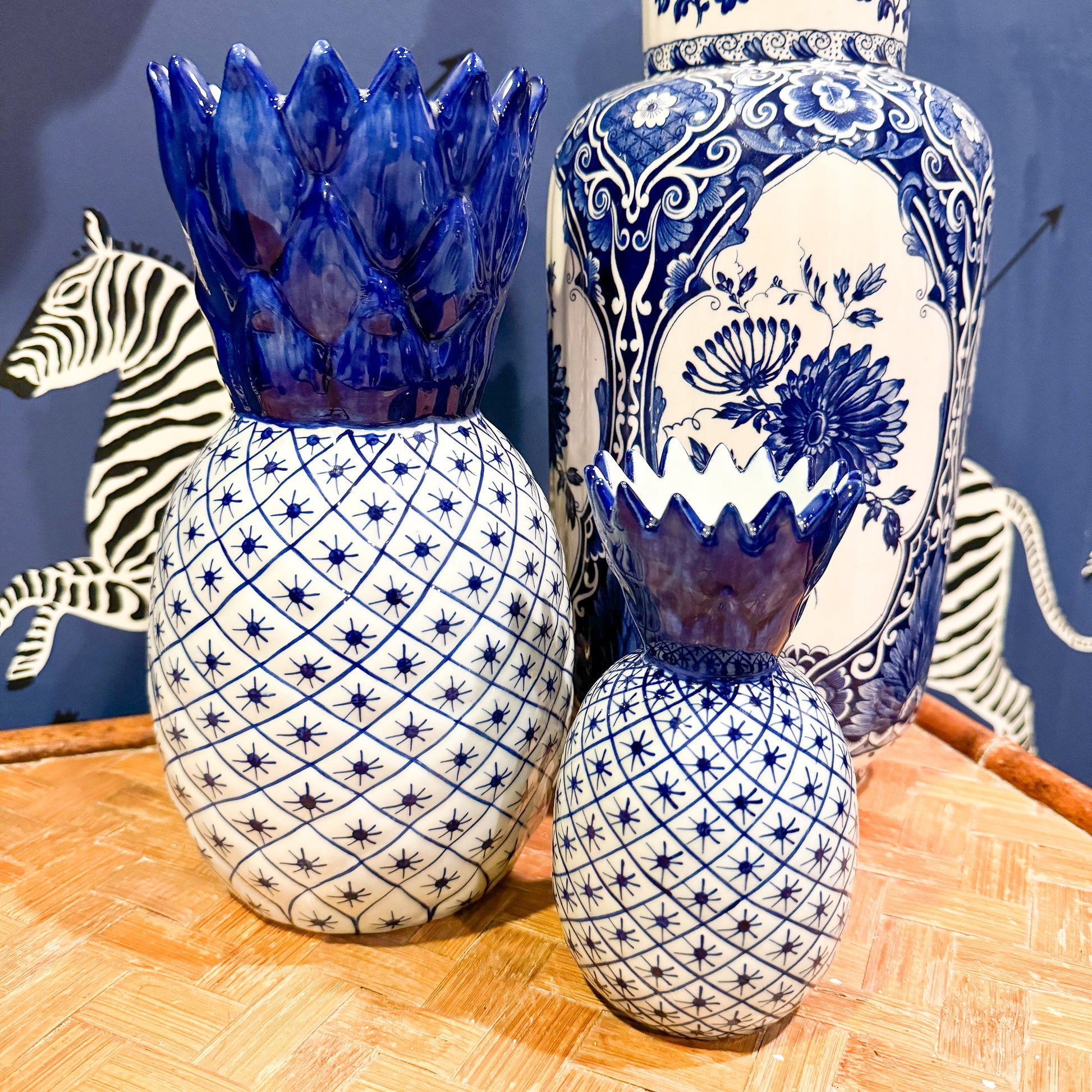 Blue and White Fishnet Ceramic Pineapple Vases