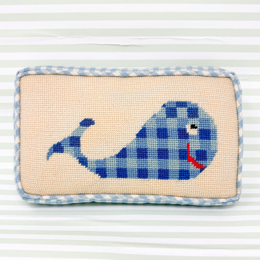 Handmade Blue Gingham Whale Needlepoint Pillow