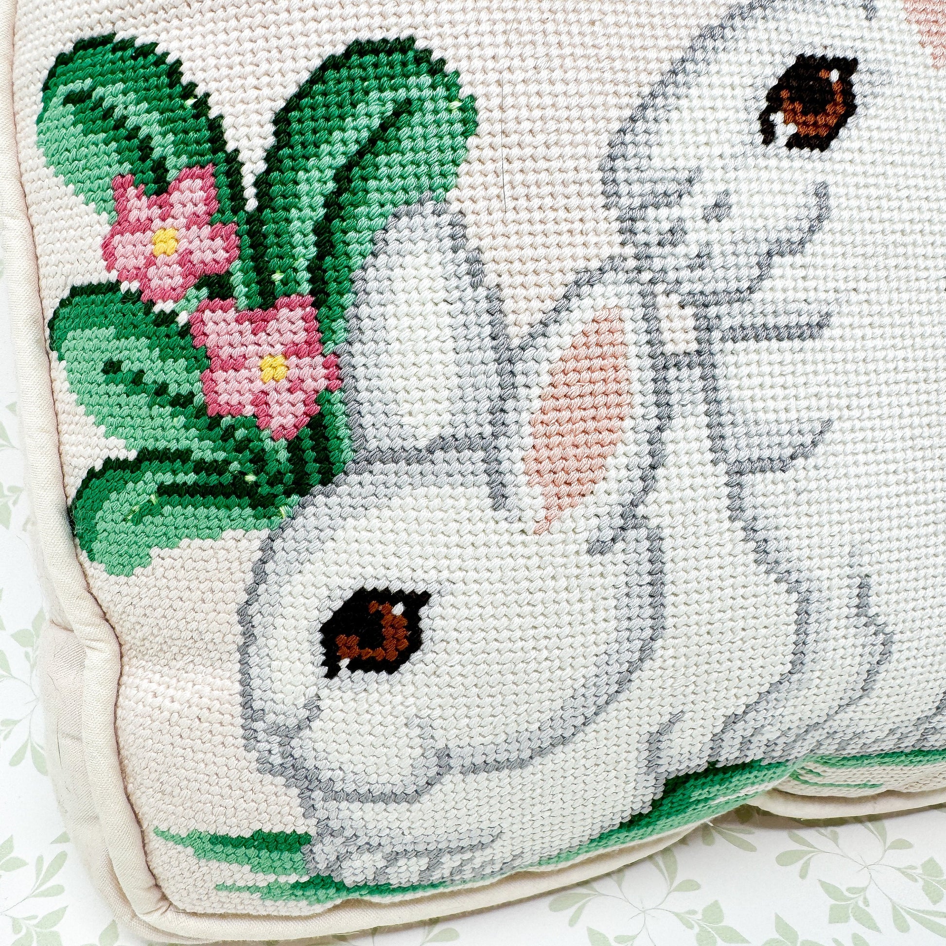 Vintage Handmade White Rabbit Needlepoint Pillow