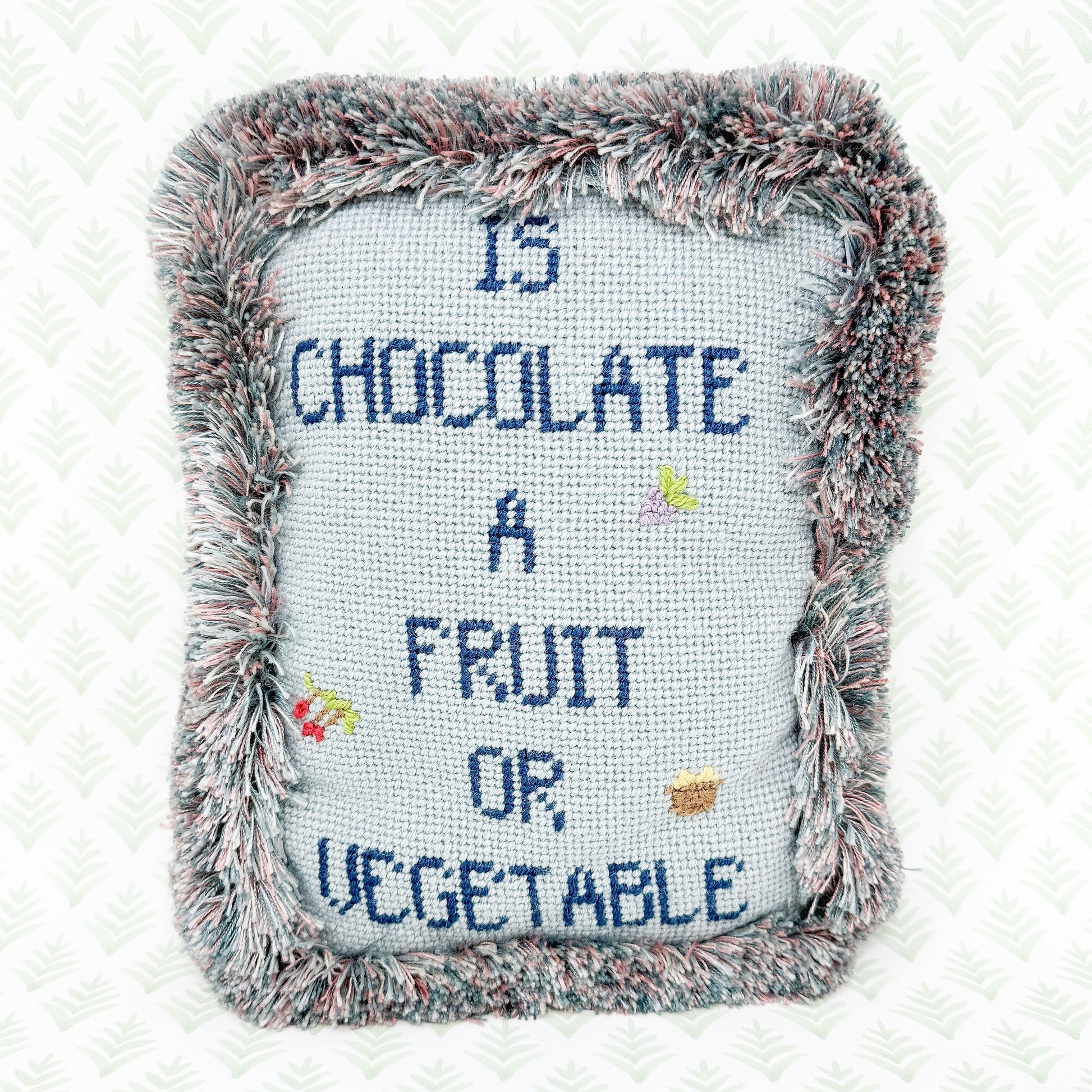 Is Chocolate A Fruit or Vegetable? Vintage Handmade Needlepoint Pillow