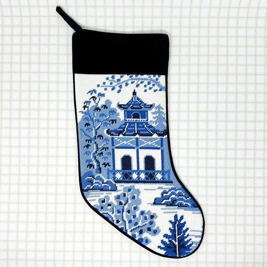 Blue Pagoda Chinoiserie Needlepoint Stocking