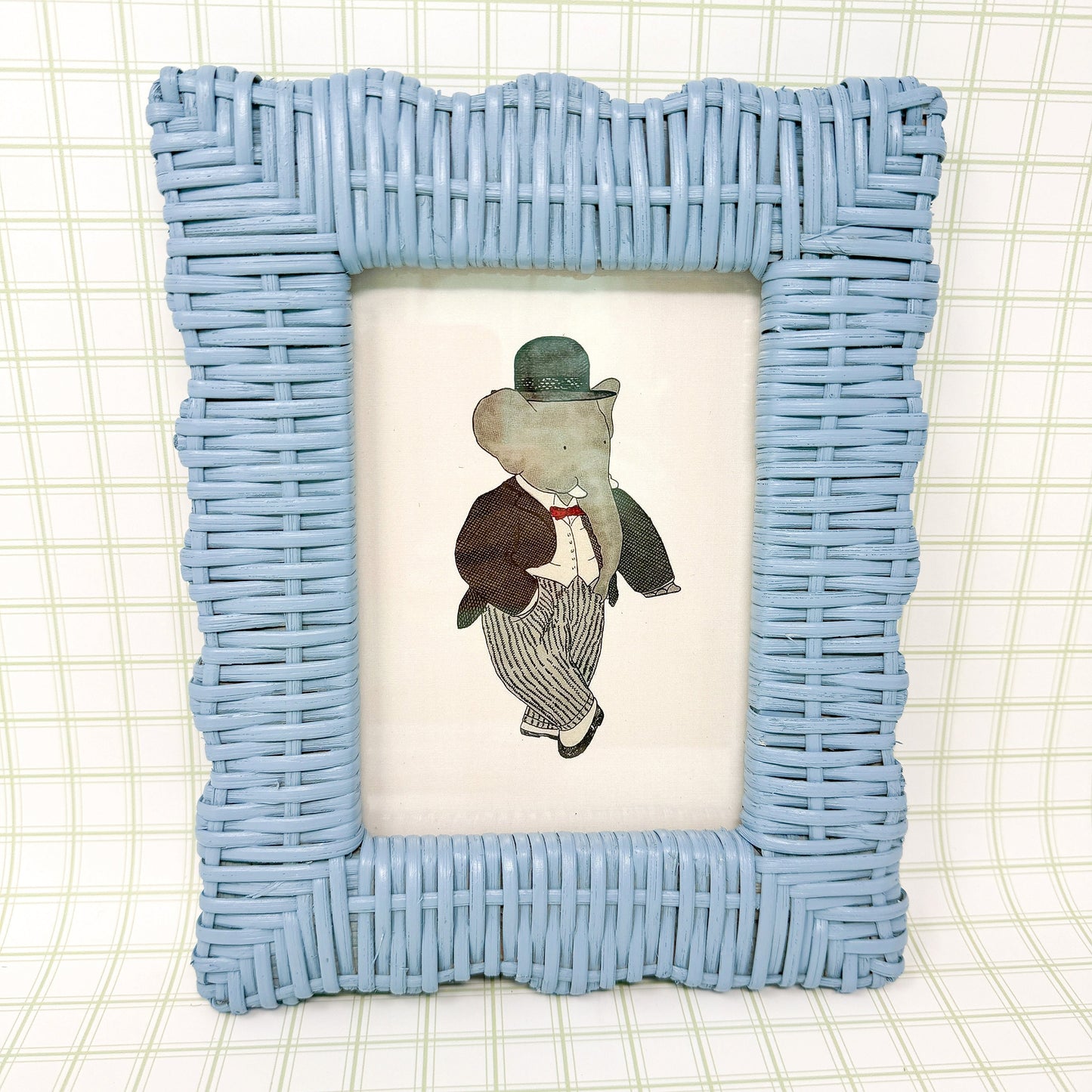 Vintage Babar the Elephant Print in Blue Wicker Frame - 5x7"