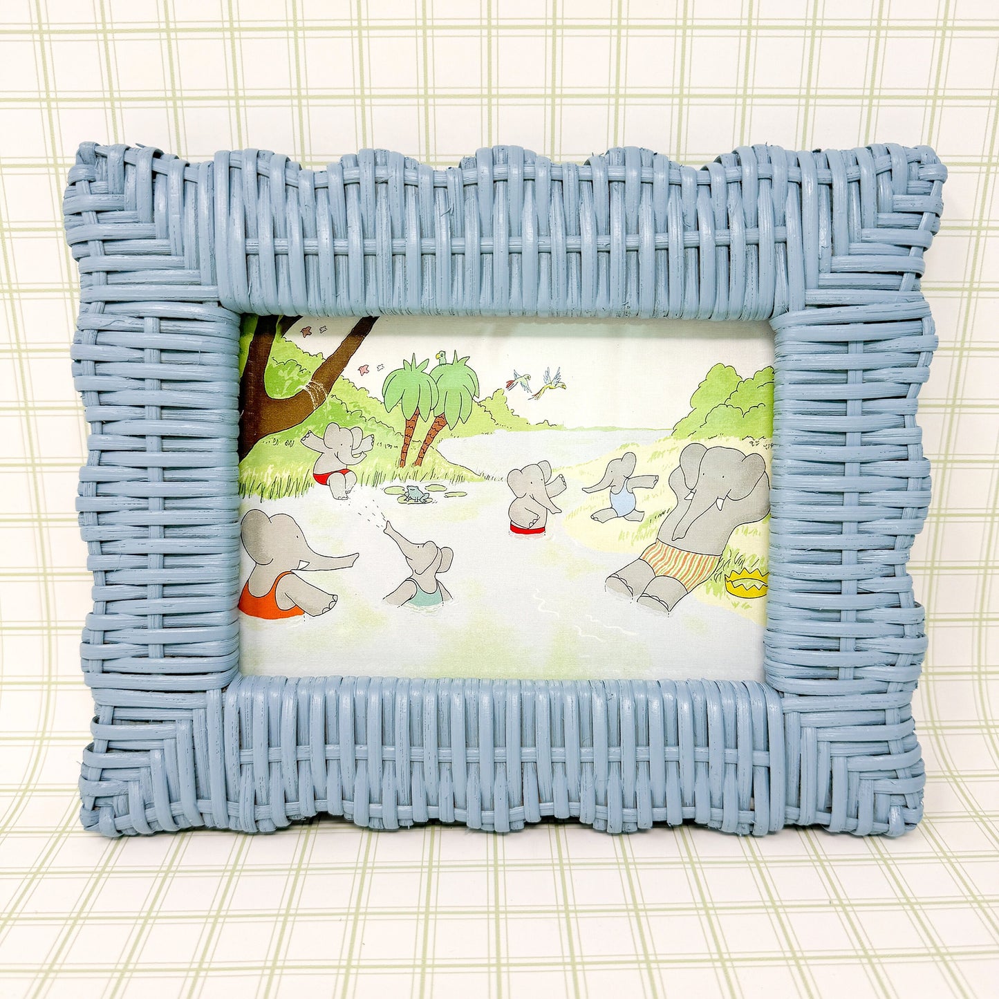 Vintage Babar the Elephant Swimming Hole Print in Blue Wicker Frame - 5x7"