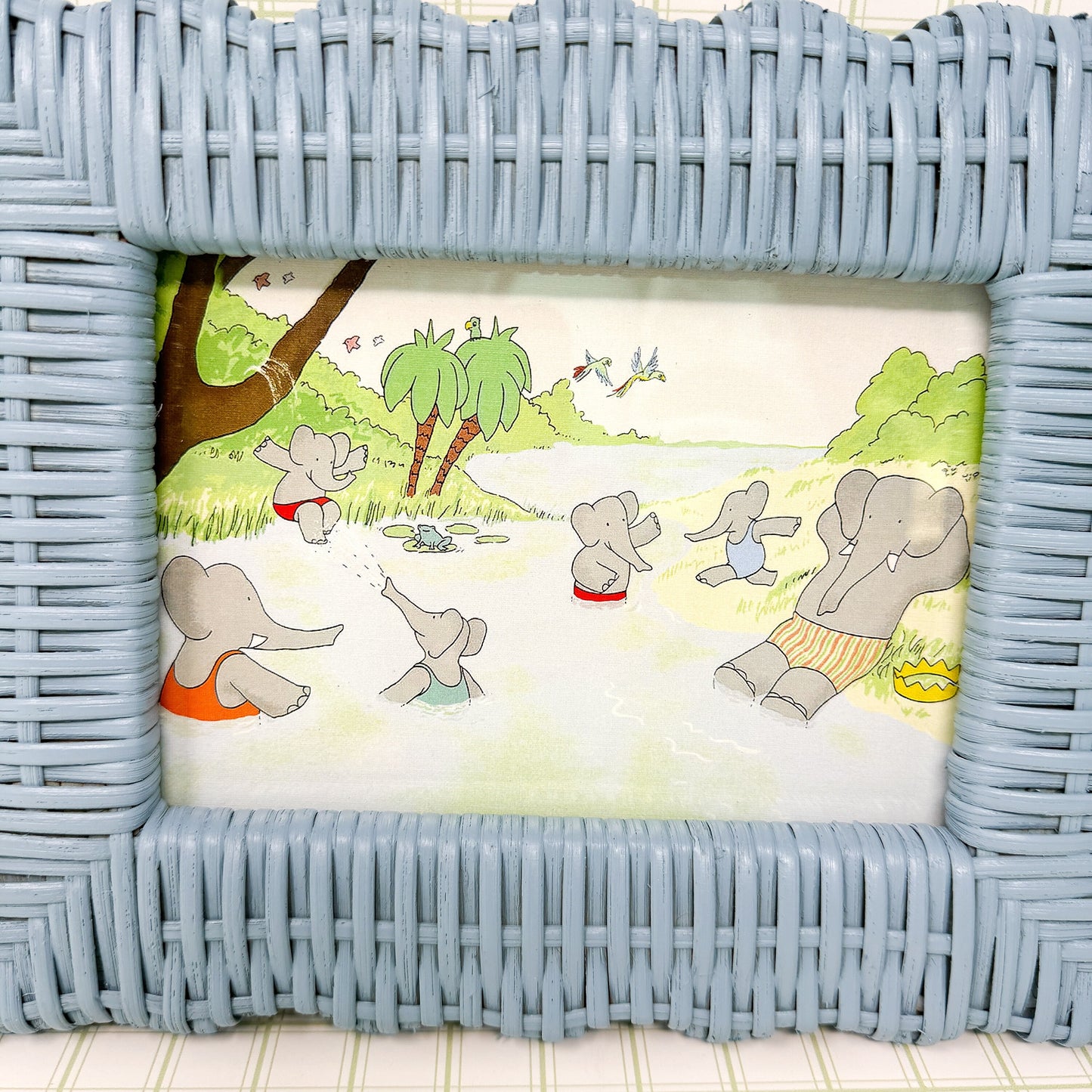 Vintage Babar the Elephant Swimming Hole Print in Blue Wicker Frame - 5x7"