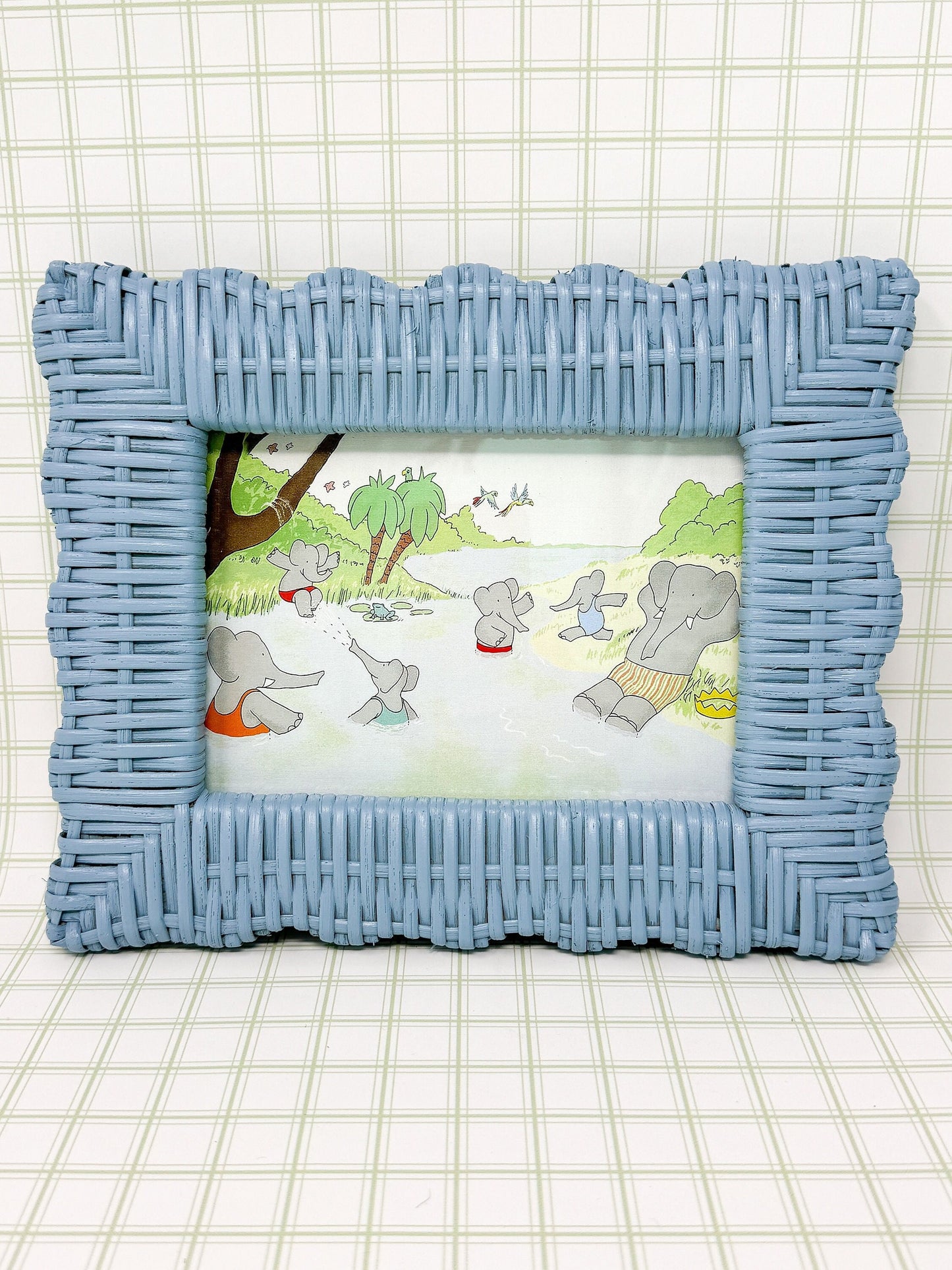 Vintage Babar the Elephant Swimming Hole Print in Blue Wicker Frame - 5x7"