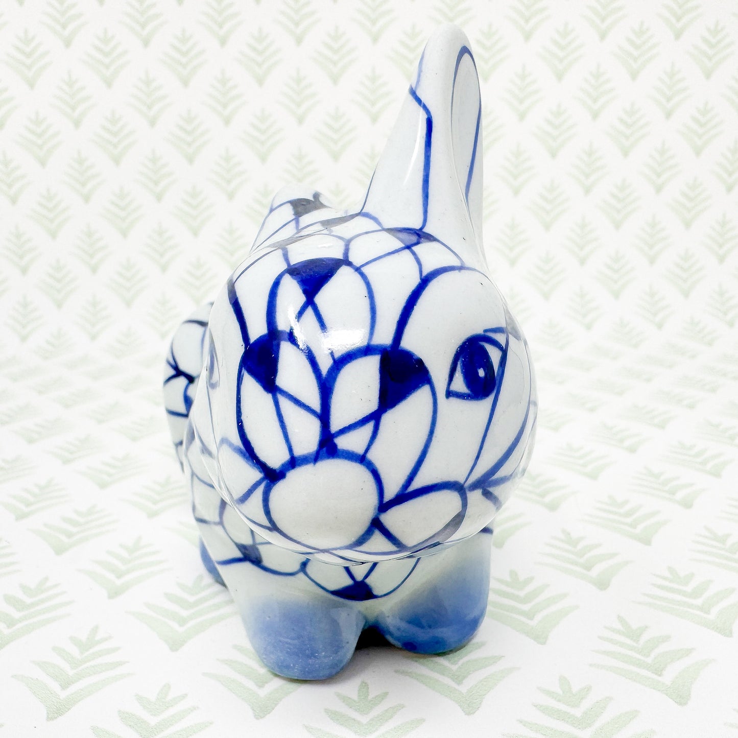 Blue and White Fishnet Bunny Rabbit Figurine