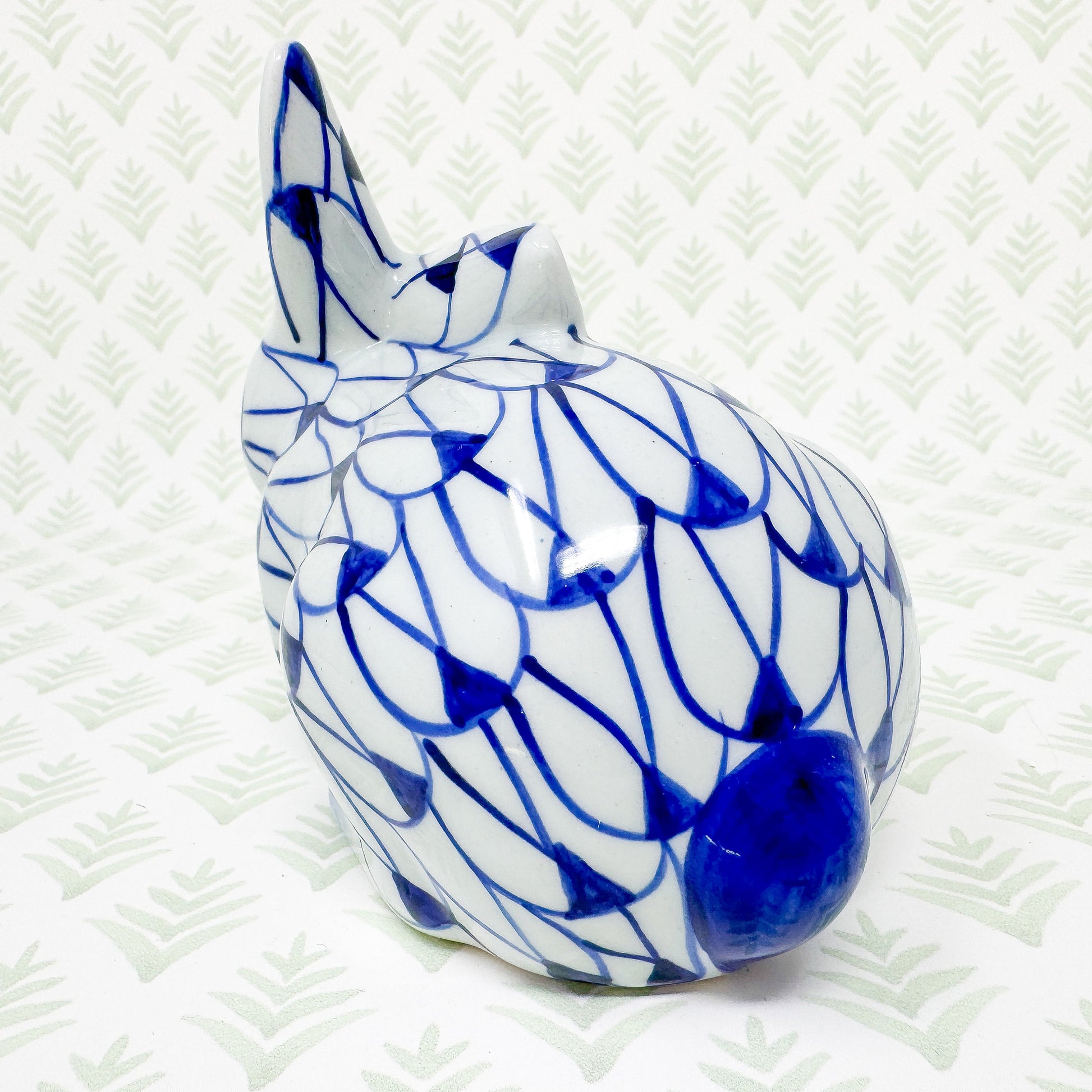 Blue and White Fishnet Bunny Rabbit Figurine