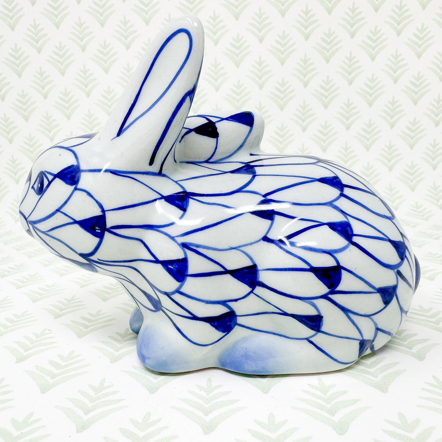 Blue and White Fishnet Bunny Rabbit Figurine